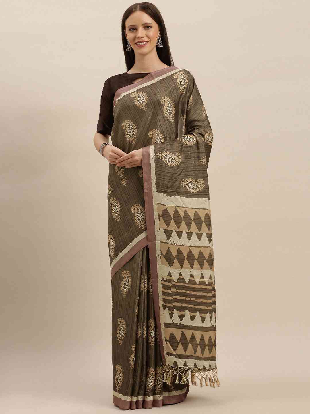 Brown & Beige Colour Linen Bagru Weave Saree