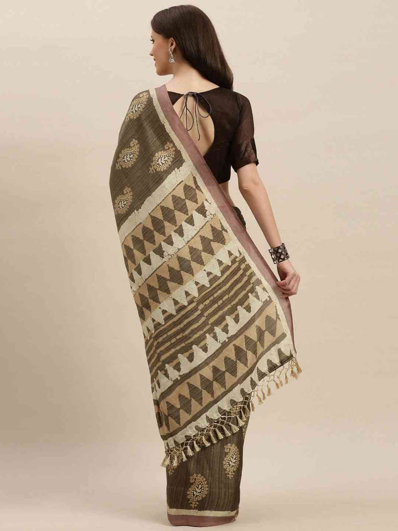 Brown & Beige Linen Blend Bagru Weave Saree