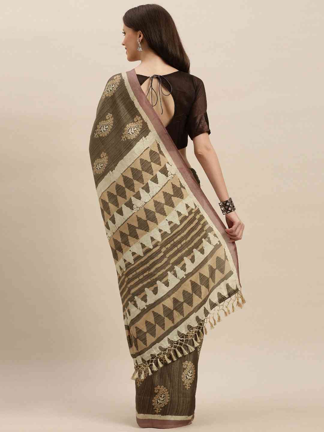 Brown & Beige Colour Linen Bagru Weave Saree