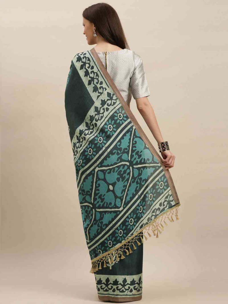 Grey & Blue Linen Blend Bagru Saree