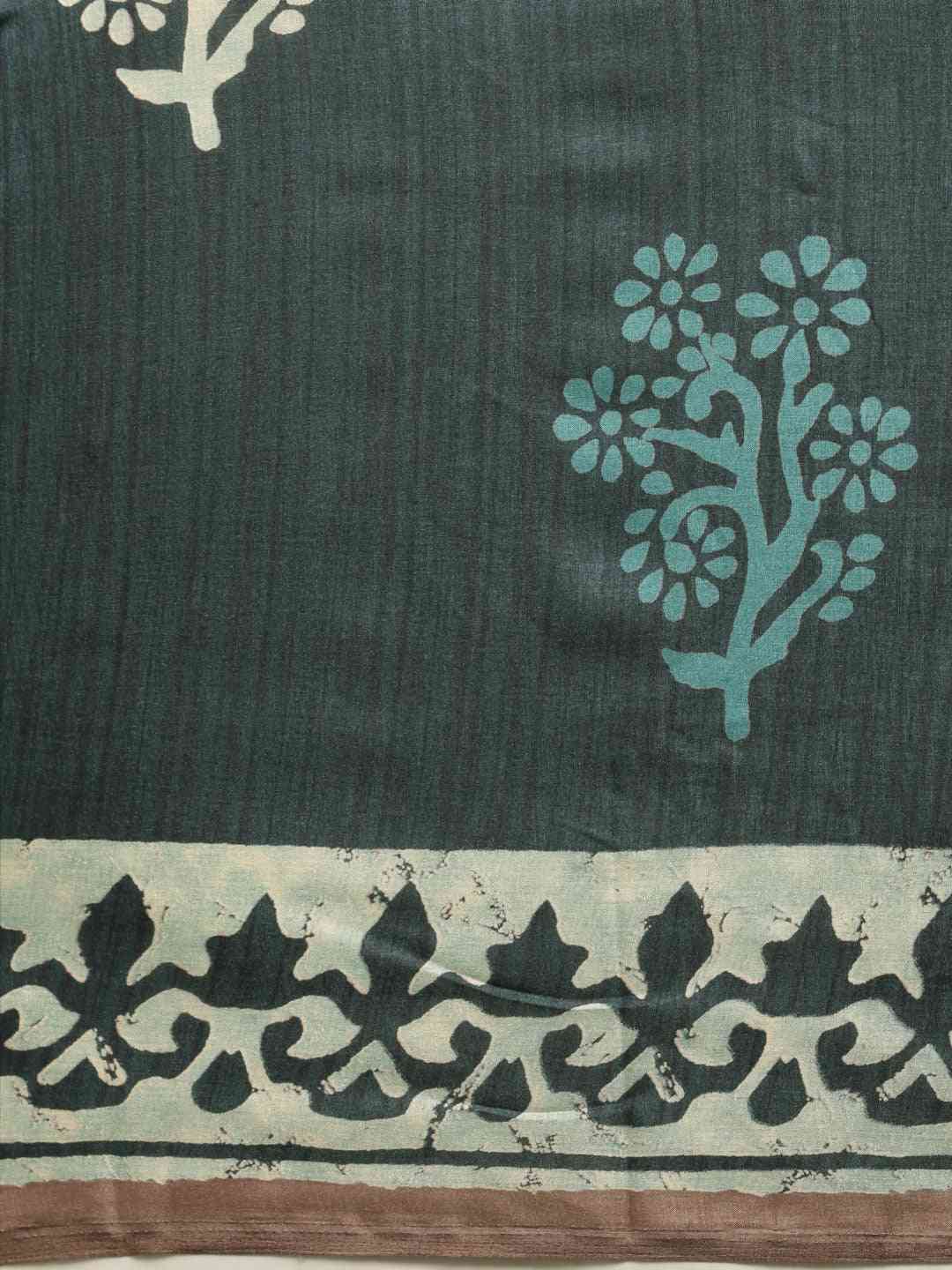 Grey & Blue Colour Linen Blend Bagru Saree