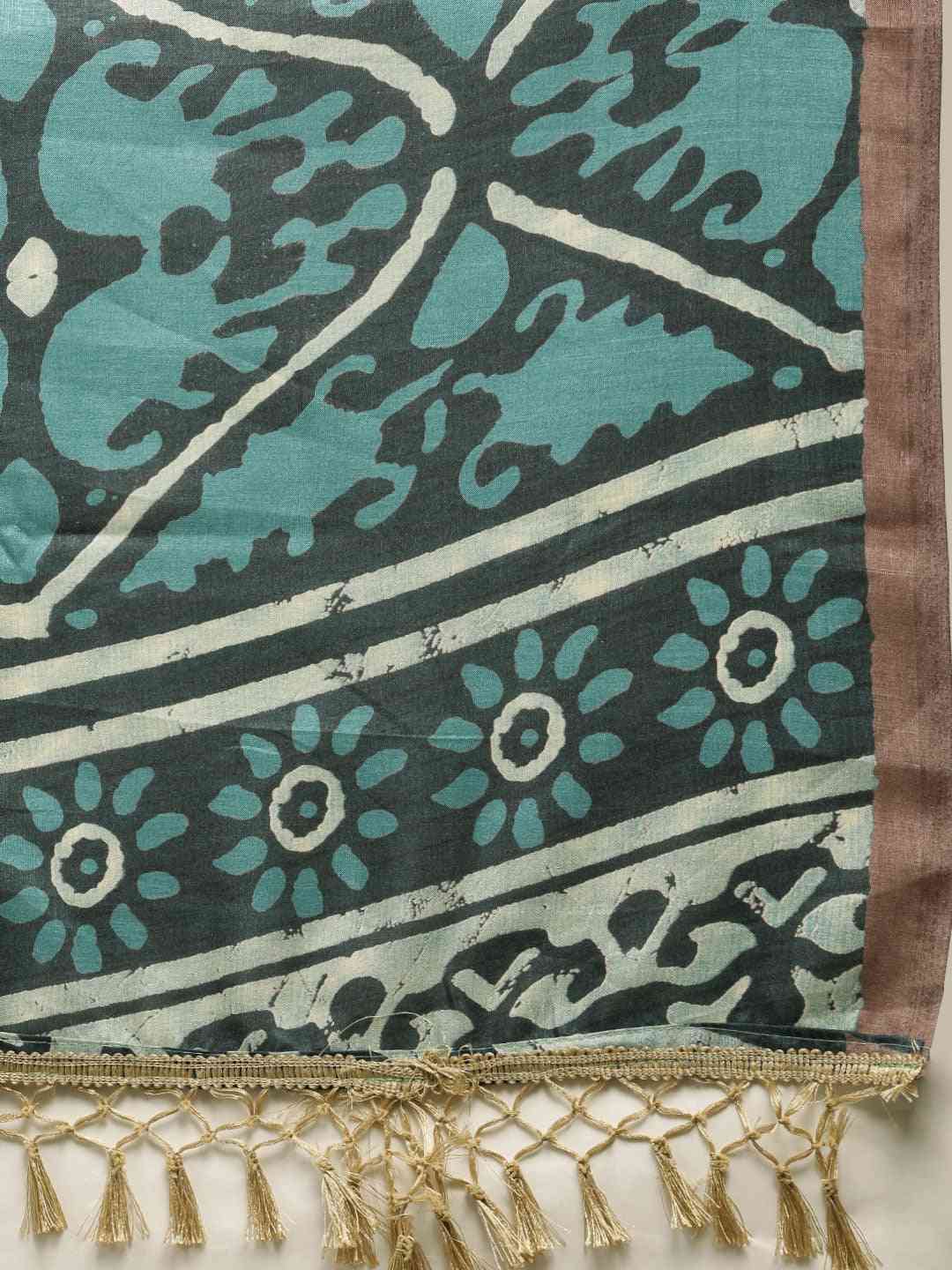 Grey & Blue Colour Linen Blend Bagru Saree