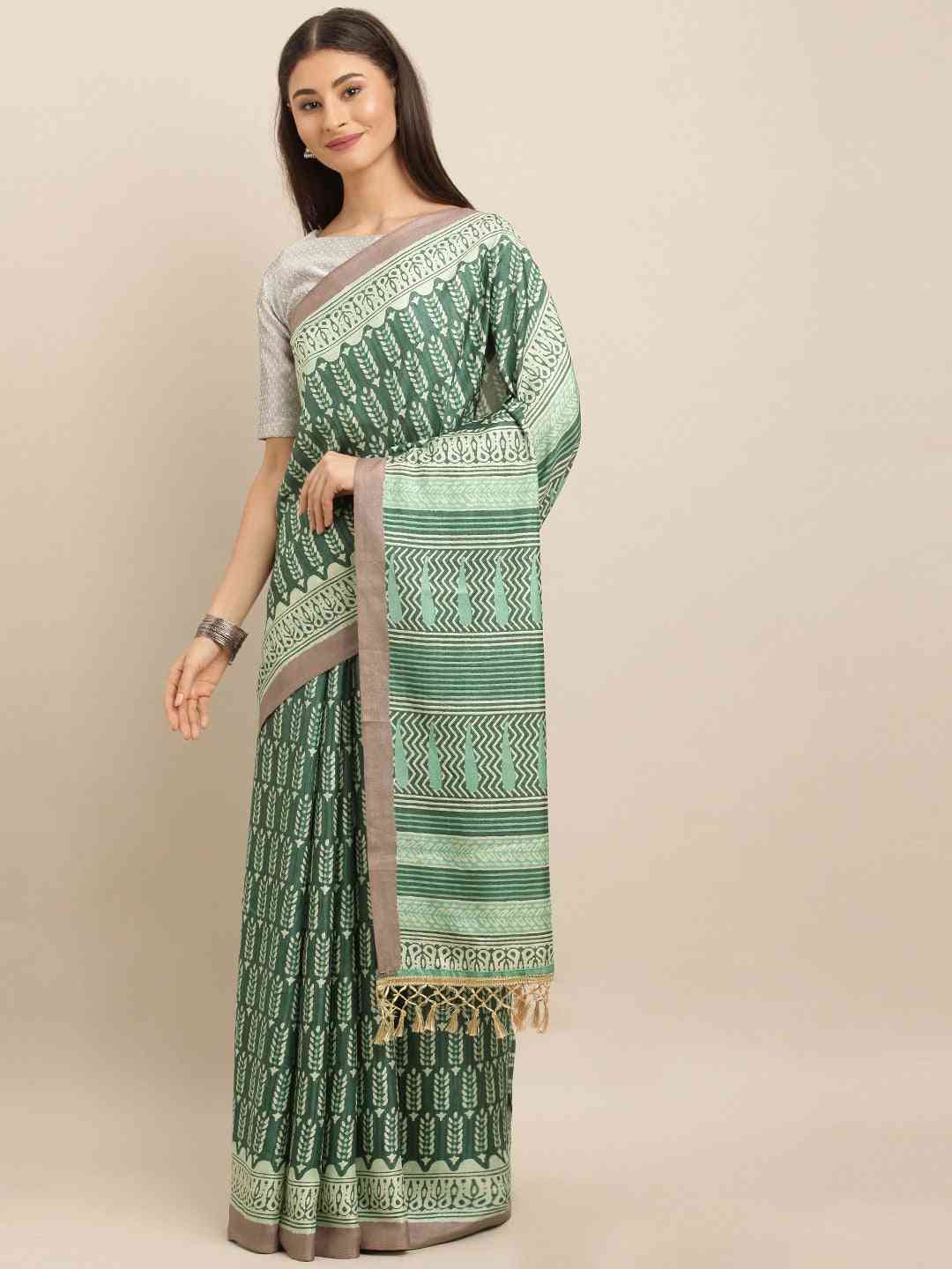 Green & Brown Colour Linen Blend Bagru Saree
