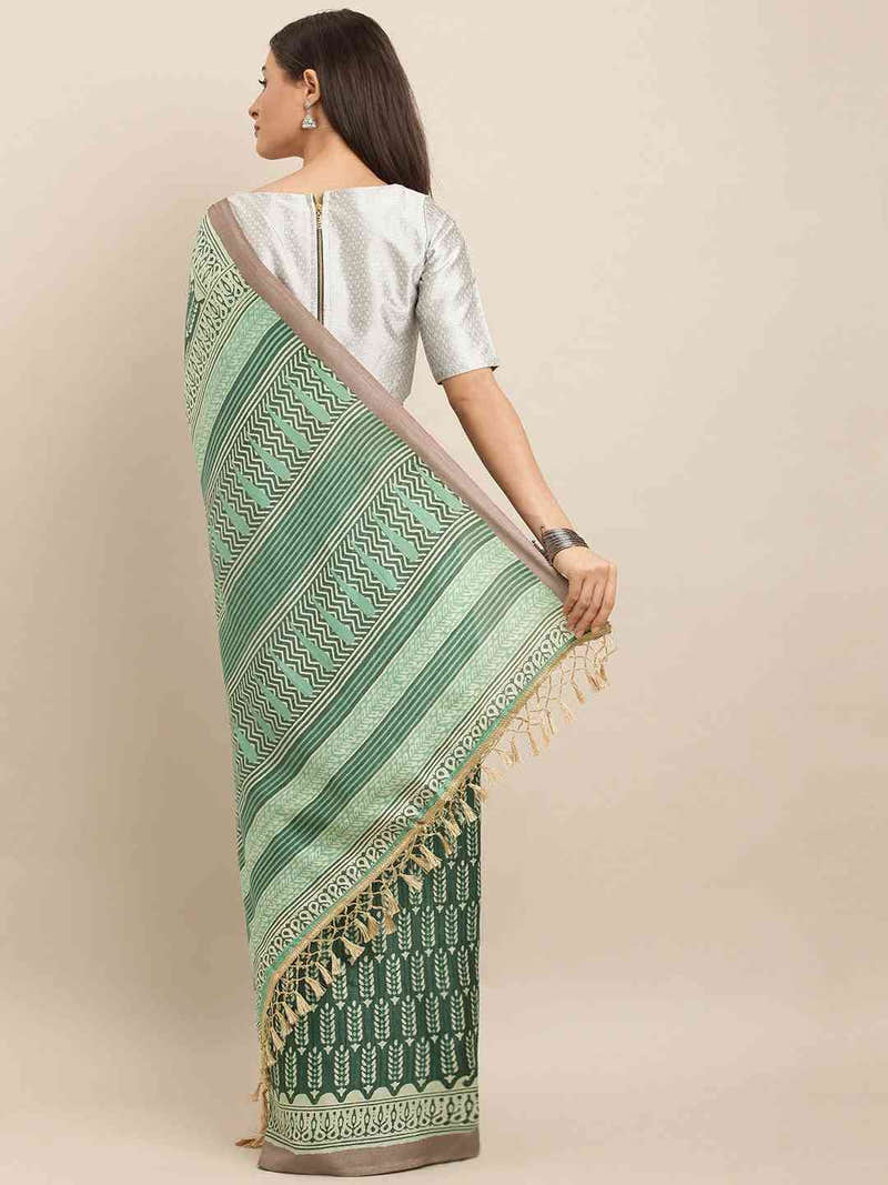 Green & Brown Linen Blend Printed Bagru Saree