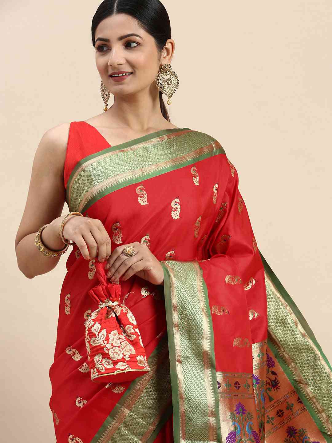 Traditional Red Colour Yevla Paithani Minakari Work Silk Saree