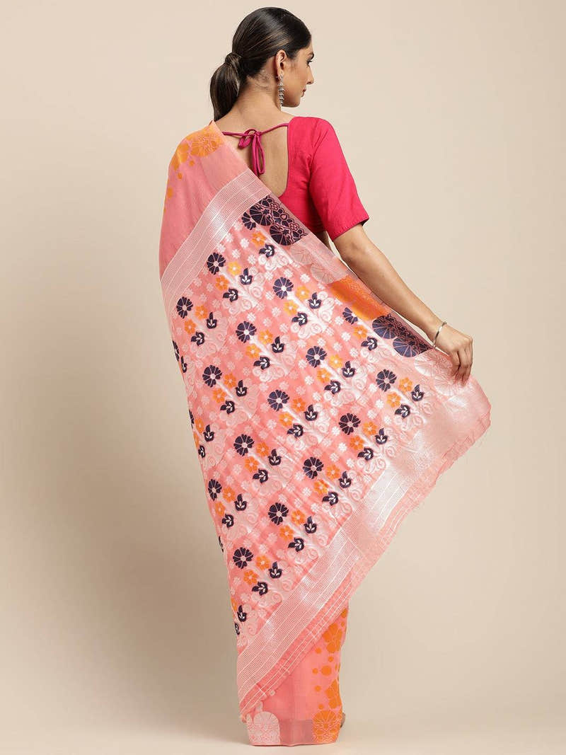 Deep Pink Dhakai Jamdani Cotton Silk Saree