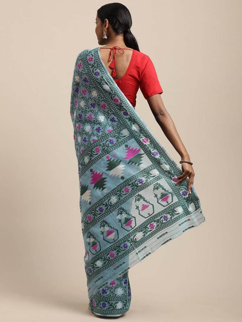 Slate Blue Dhakai Jamdani Cotton Silk Saree