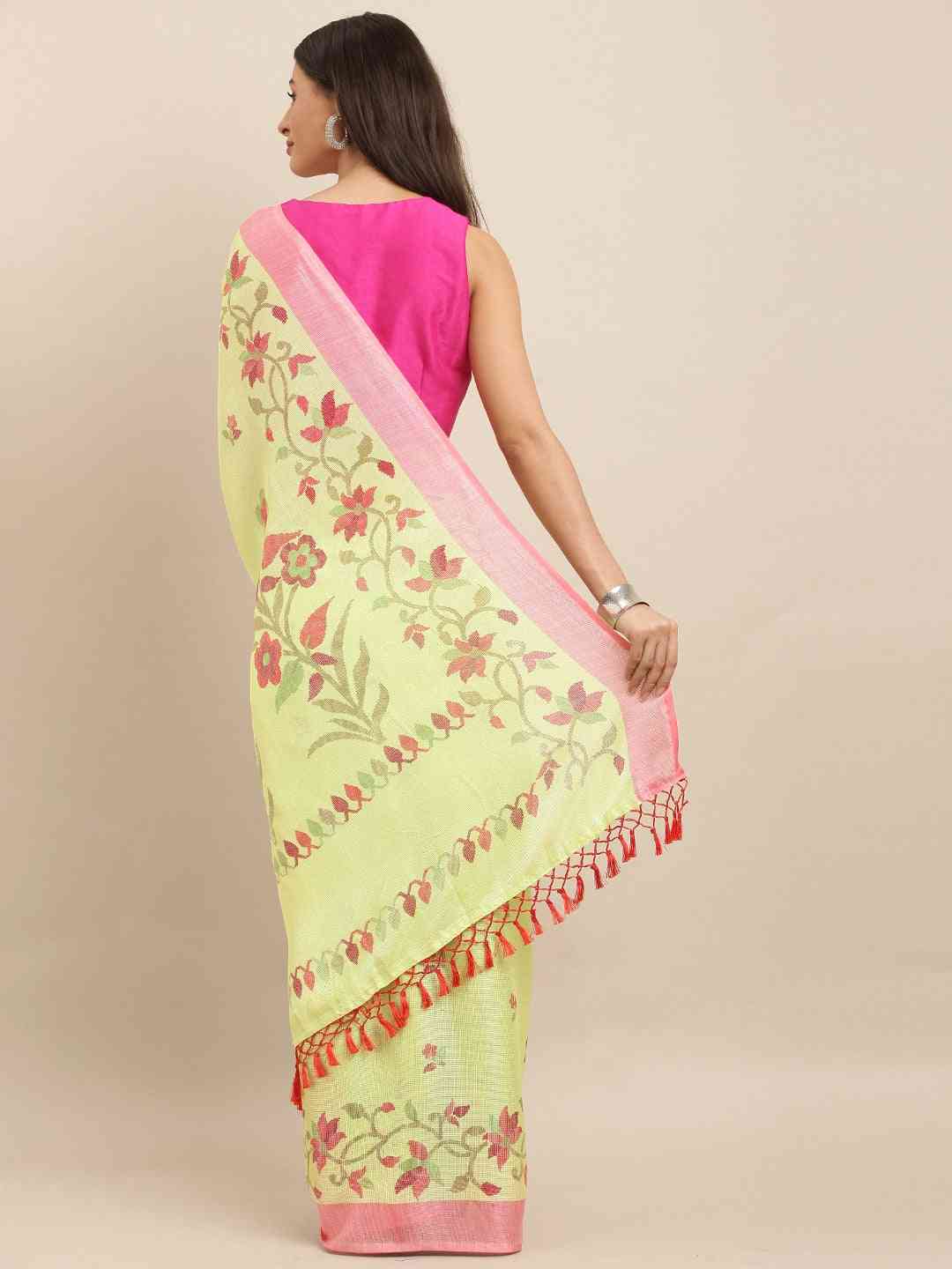 Jamdani Floral Print Solid Saree In Light Yellow Colour