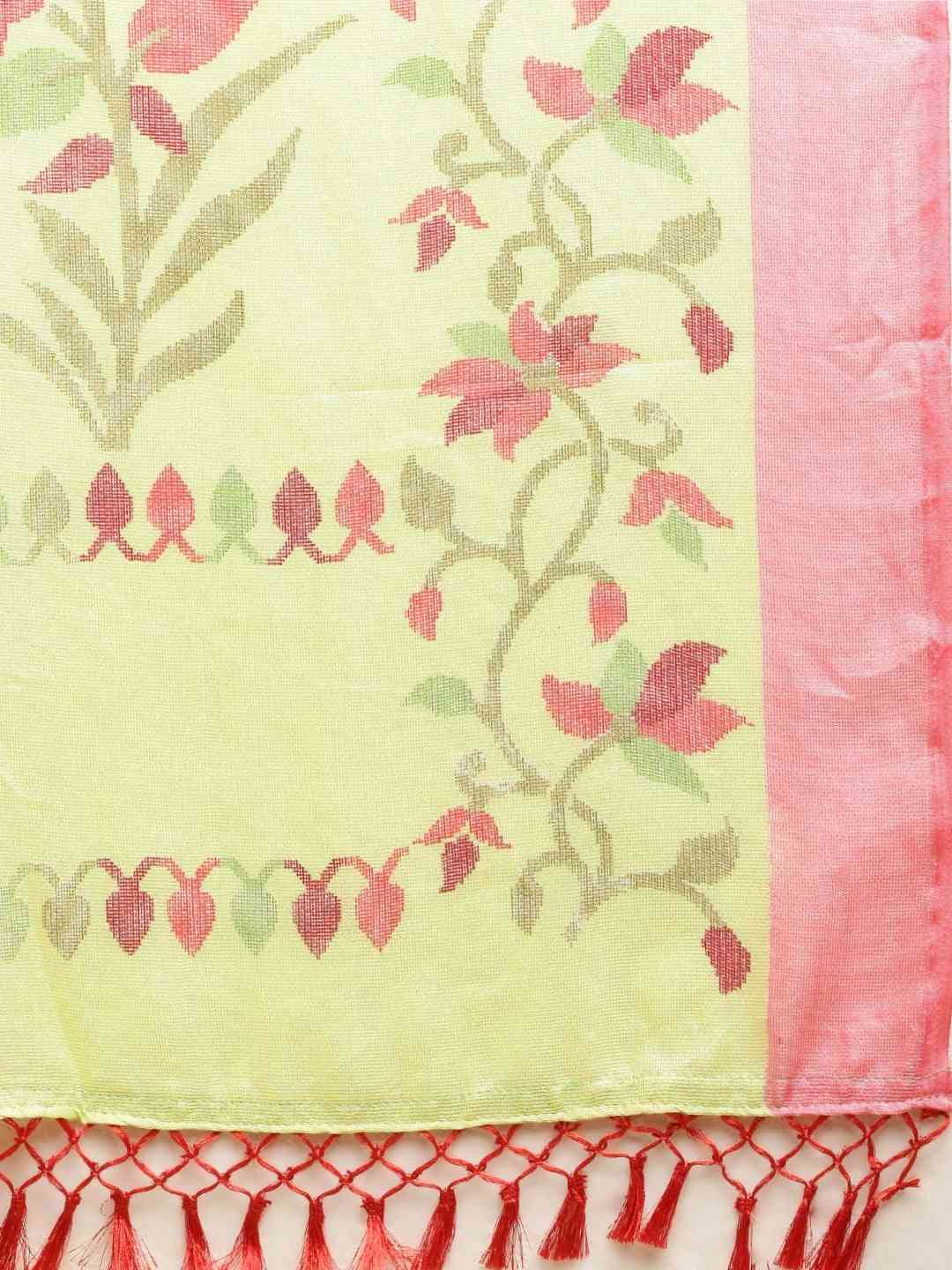 Jamdani Floral Print Solid Saree In Light Yellow Colour