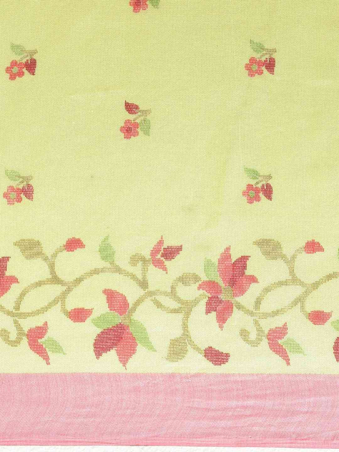 Jamdani Floral Print Solid Saree In Light Yellow Colour