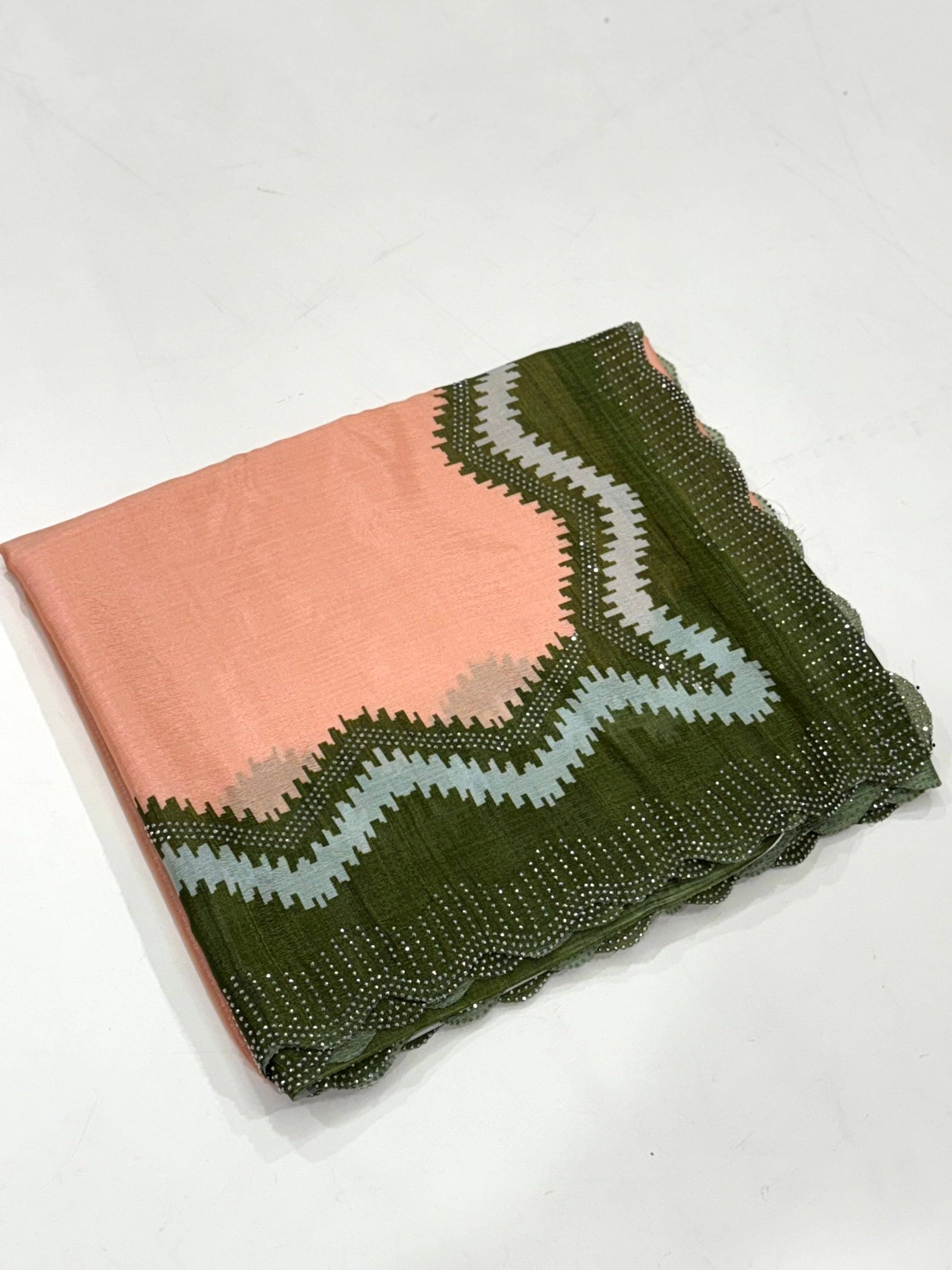 Peach Soft Chinnon Swarovski Work Saree