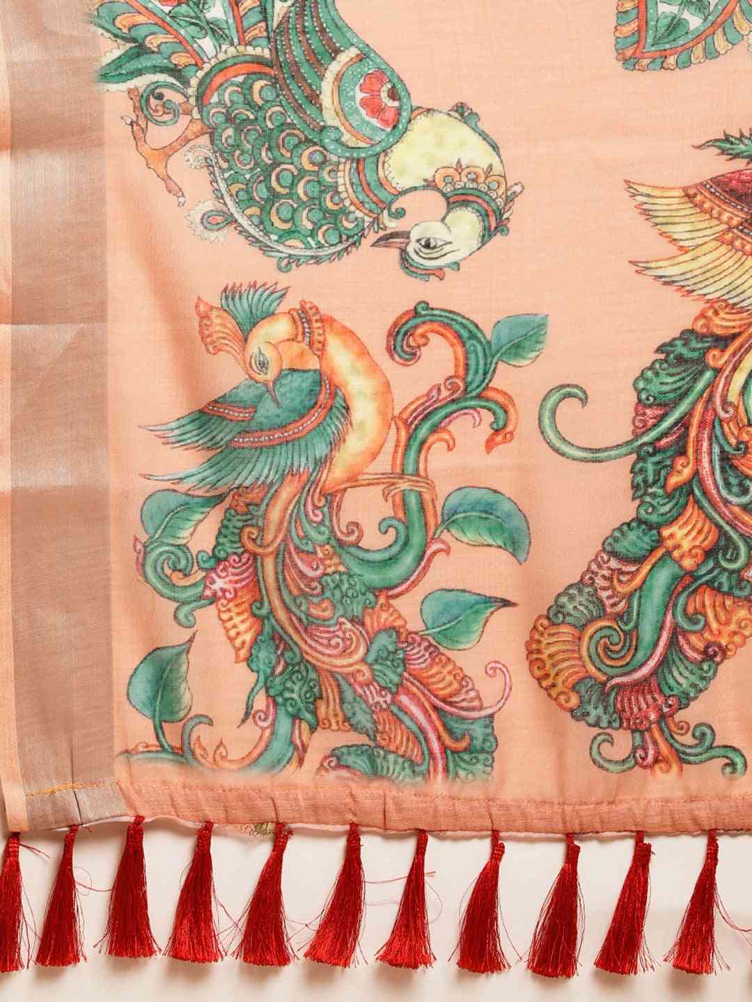 Orange Digital Print Kalamkari Linen Saree