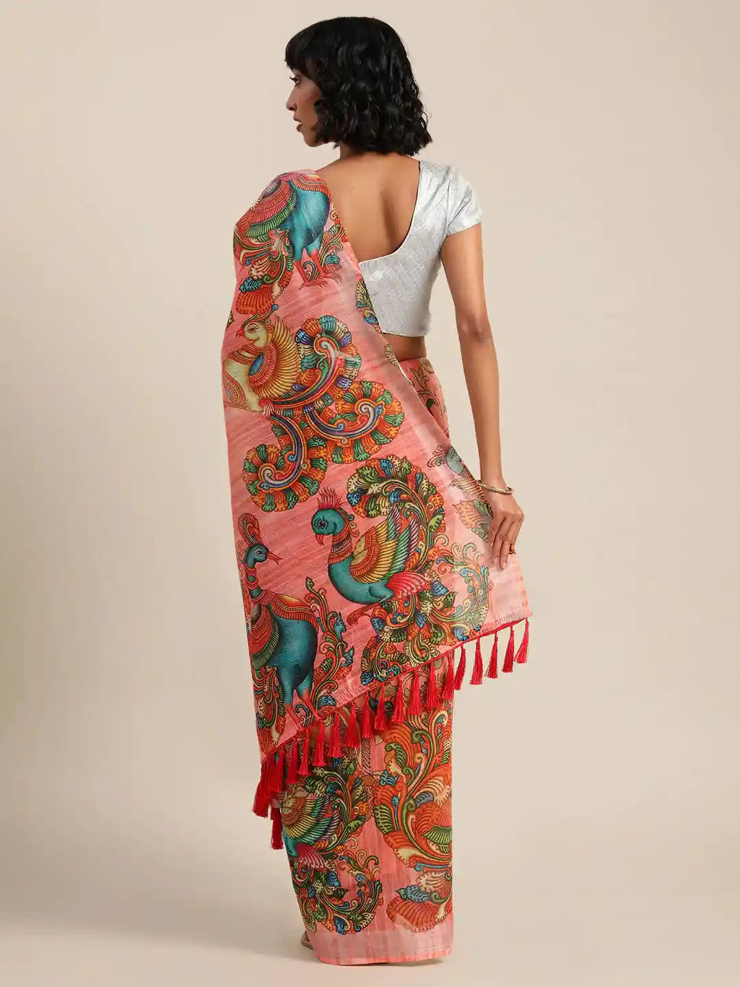 Stylish Kalamkari Pink Colour Linen Print Banarasi Saree