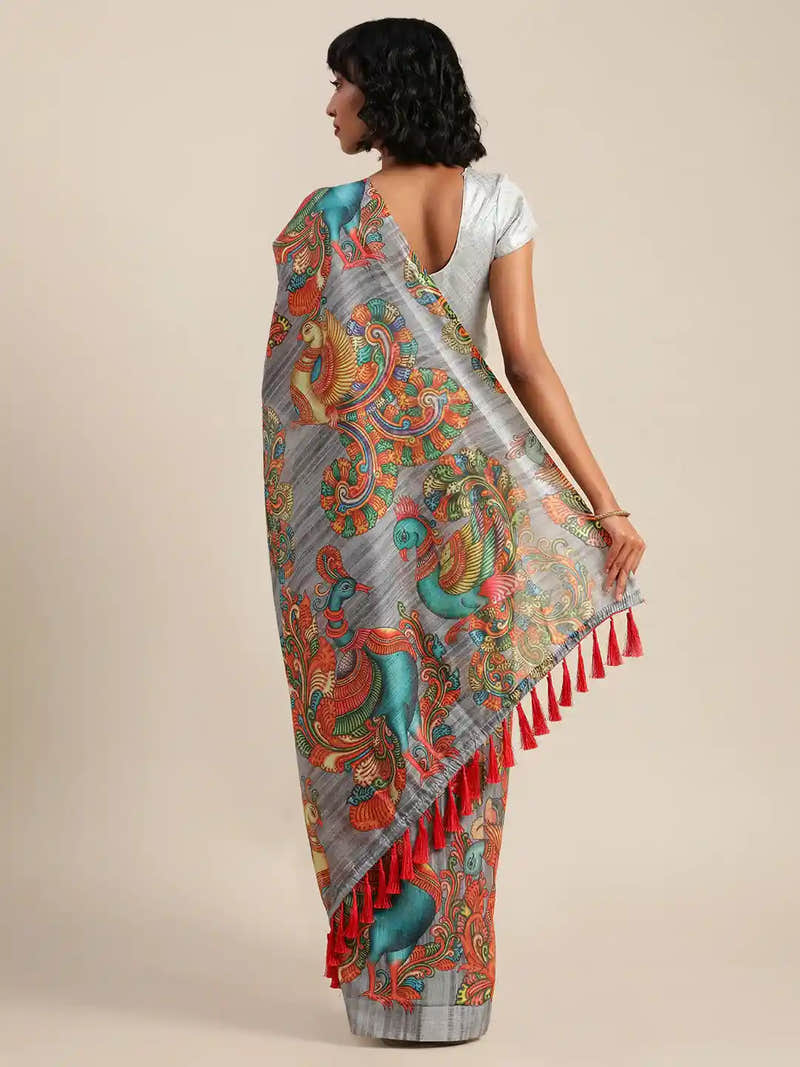 Grey Colour Kalamkari Linen Print Saree With Resham Tassel