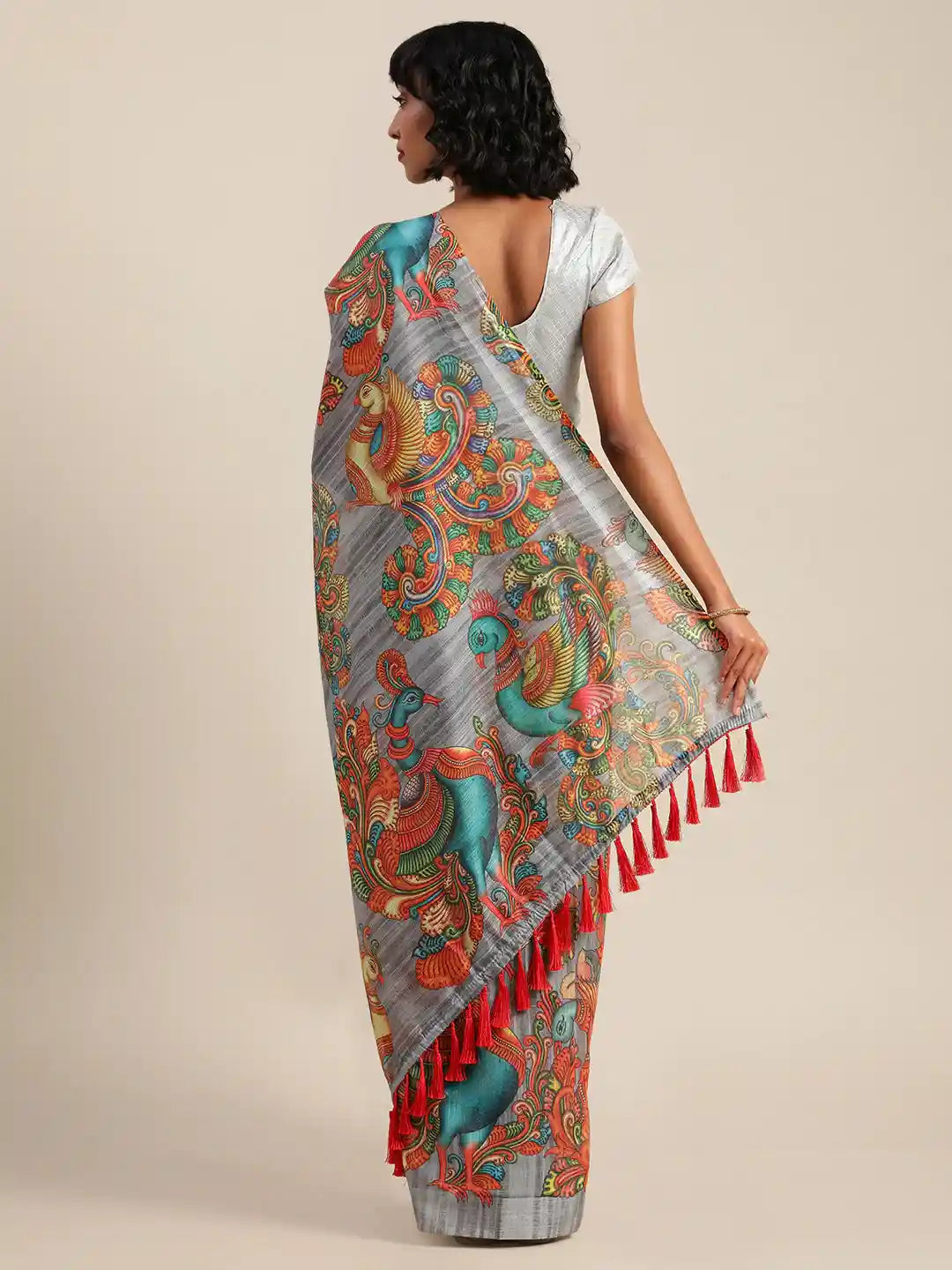 Kalamkari Grey Colour Linen Banarasi Saree