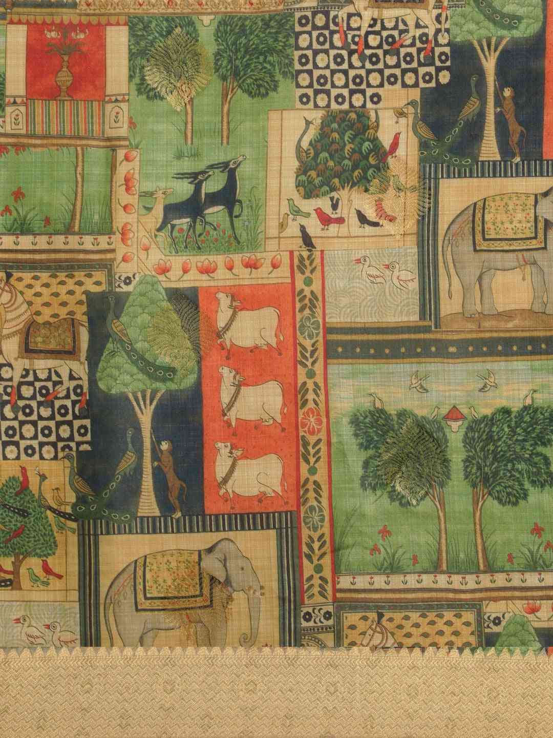 Green Colour Kalamkari Printed Saree With Zari Border