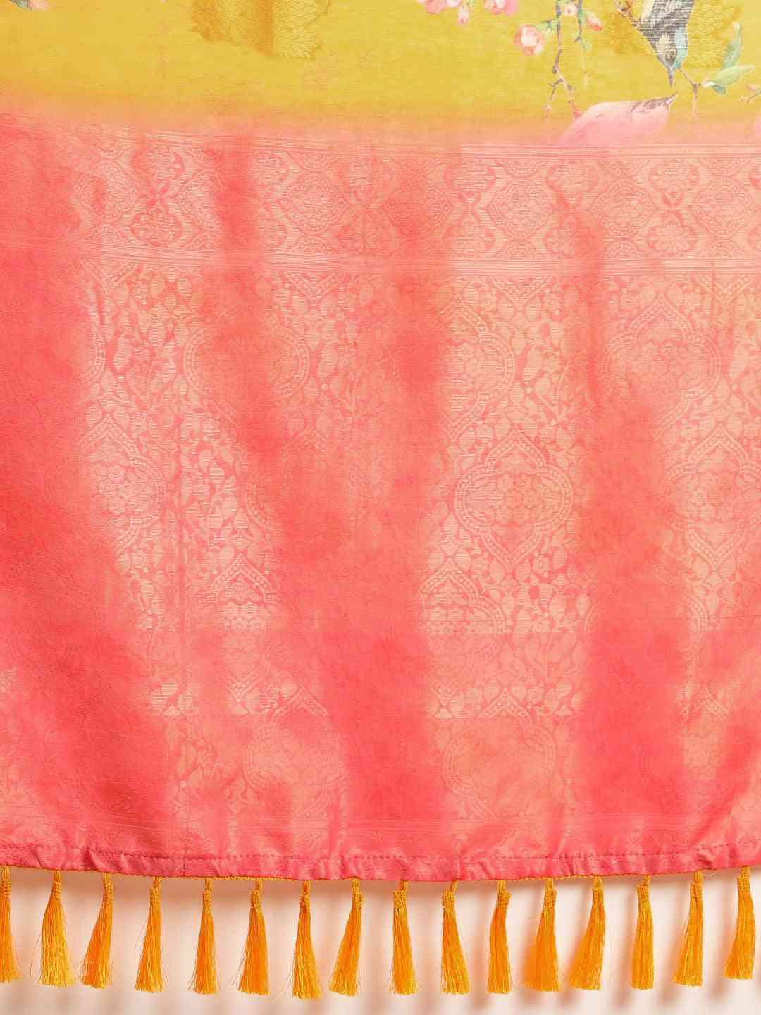Kalamkari Printed Orange Colour Saree with Zari Border