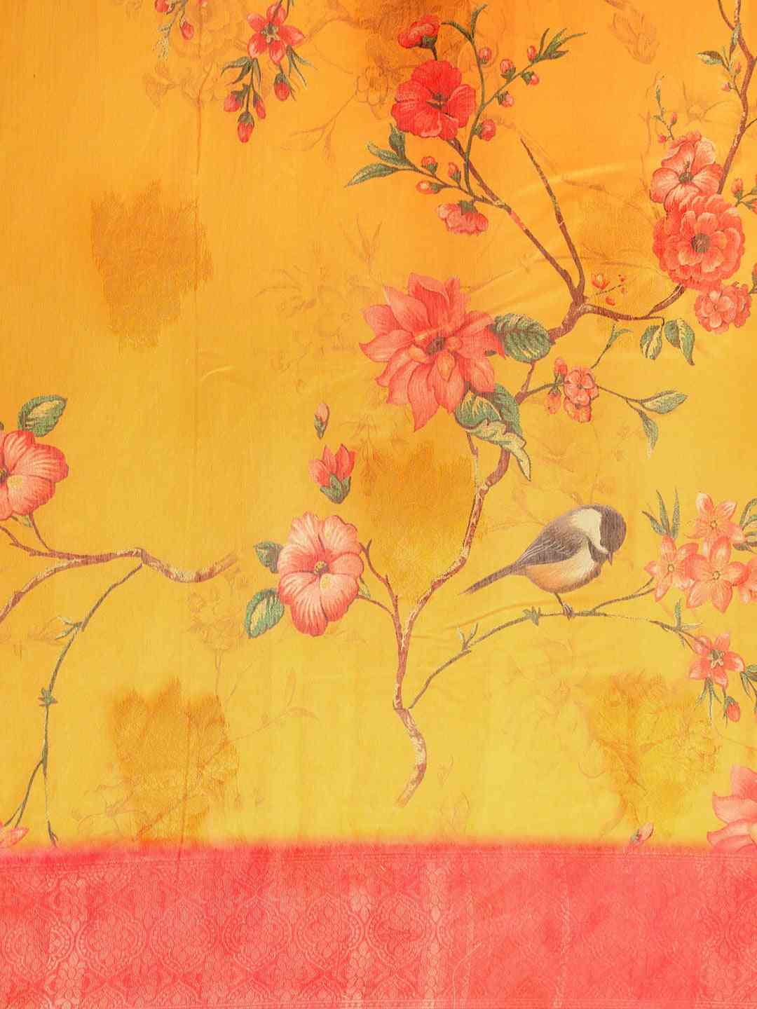 Kalamkari Printed Orange Colour Saree with Zari Border