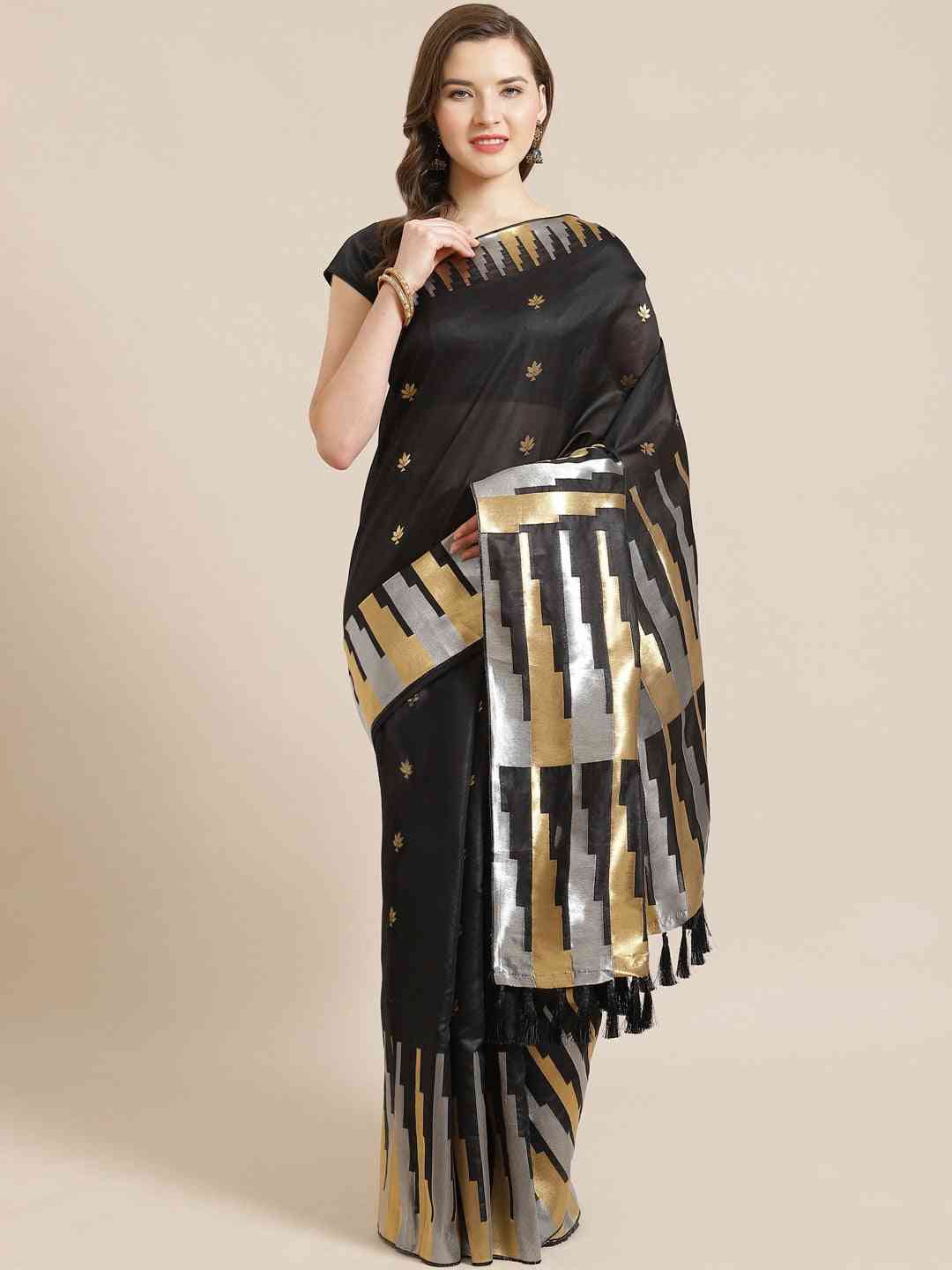 Stylish Black Colour Banarasi Saree with Ethnic Motifs