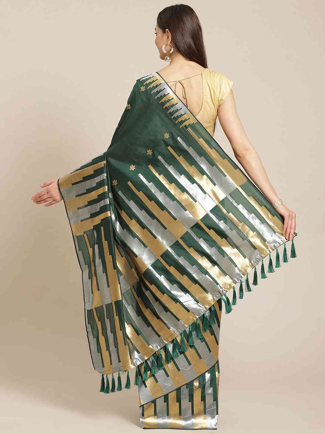 Stylish Dark Green Colour Banarasi Saree with Ethnic Motifs