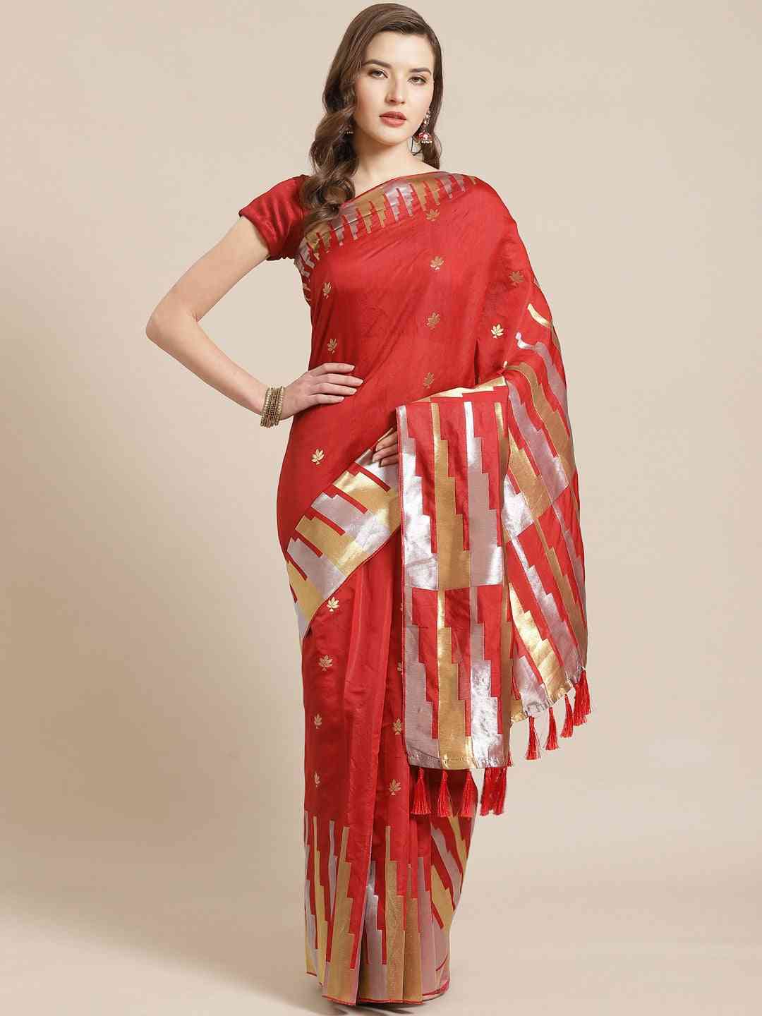 Stylish Red Colour Ethnic Motifs Zari Banarasi Silk Saree