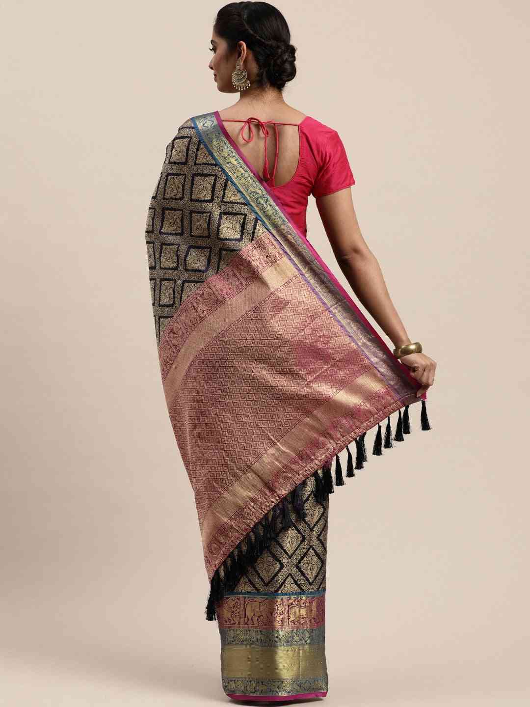 Stylish Banarasi Silk Cotton Woven Saree in Navy Colour