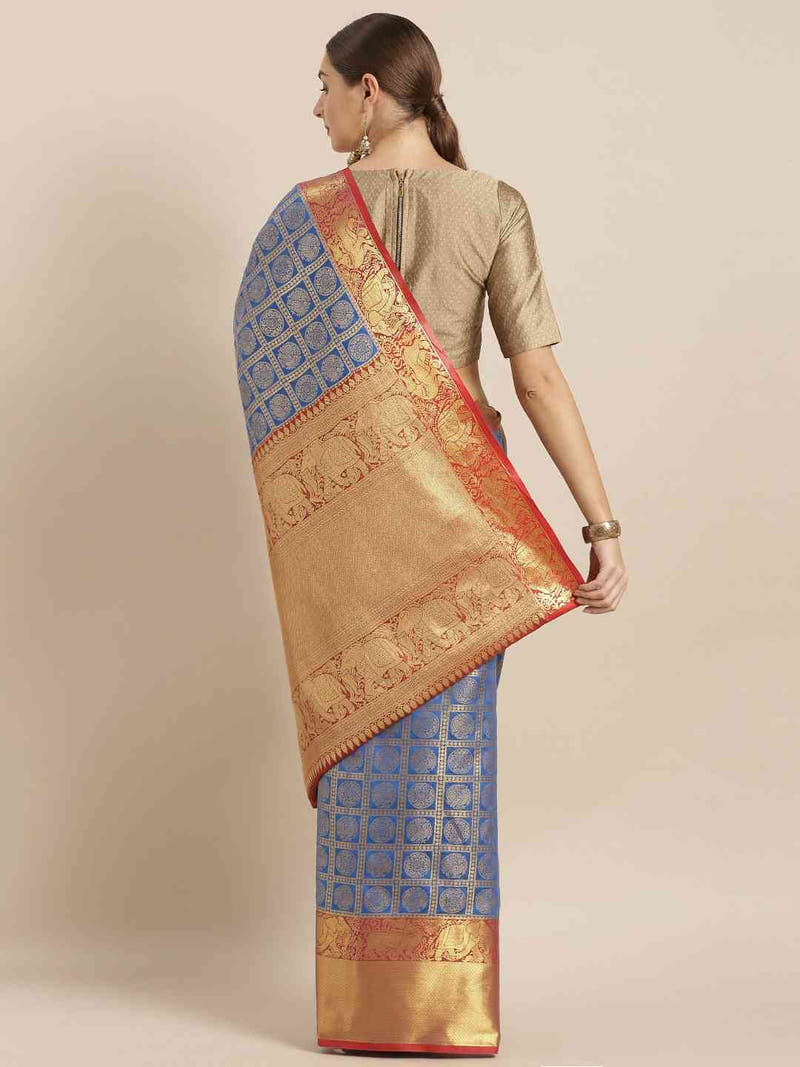 Stylish Kanjivaram Geometric Print Royal Blue Silk Saree