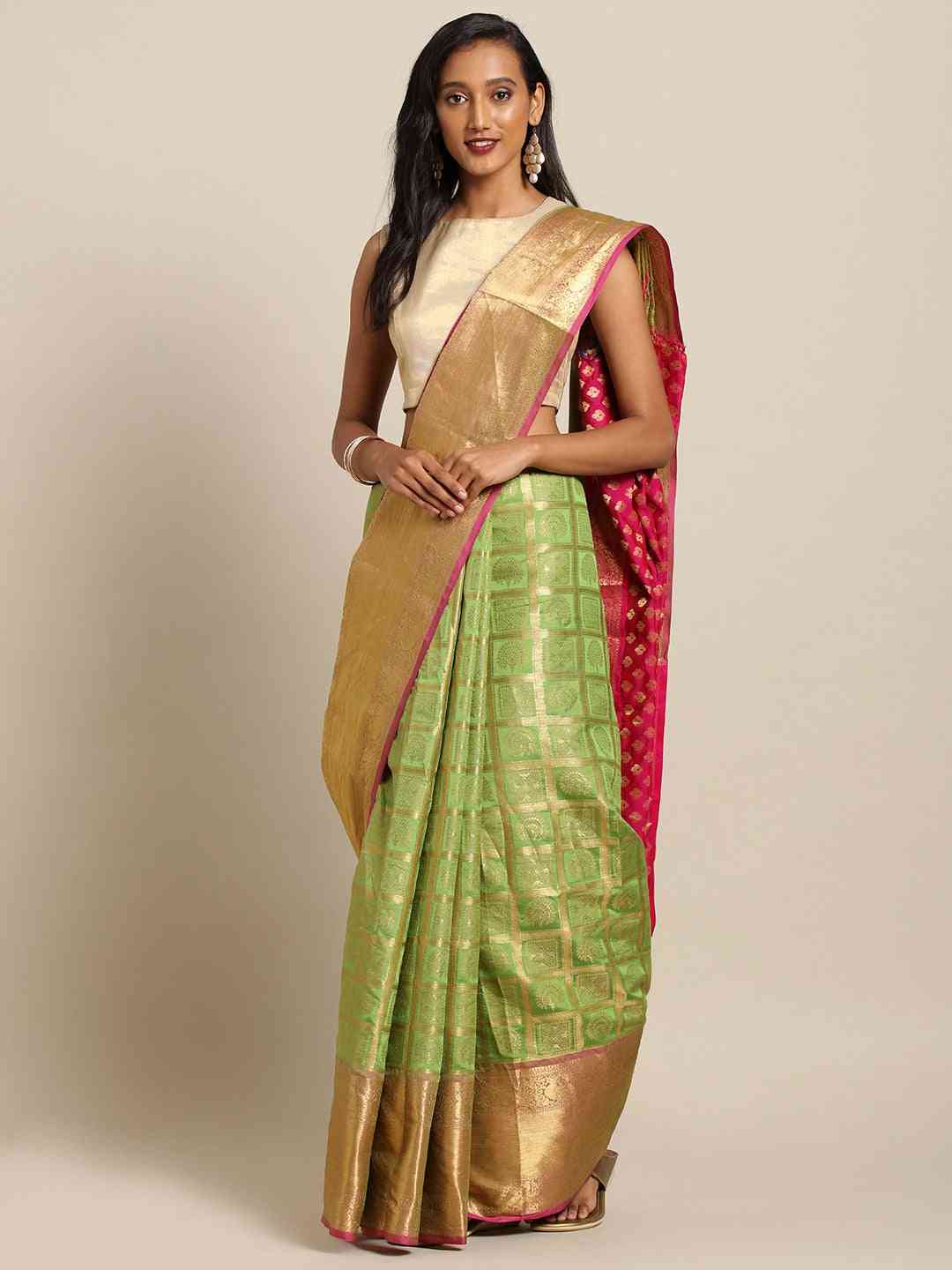 Stylish Kanjivaram Pista Colour Checked Silk Cotton Saree