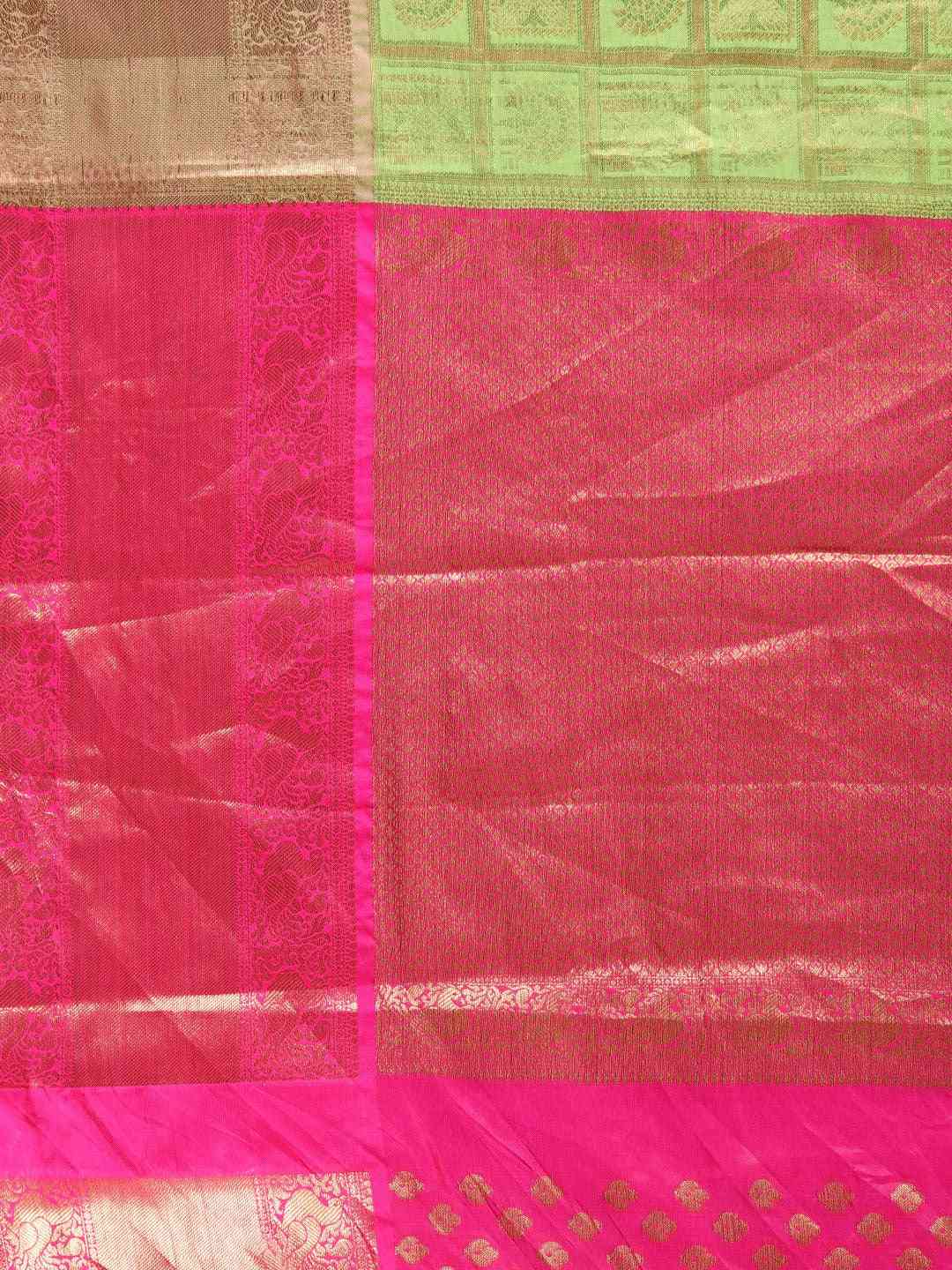 Stylish Kanjivaram Pista Colour Checked Silk Cotton Saree