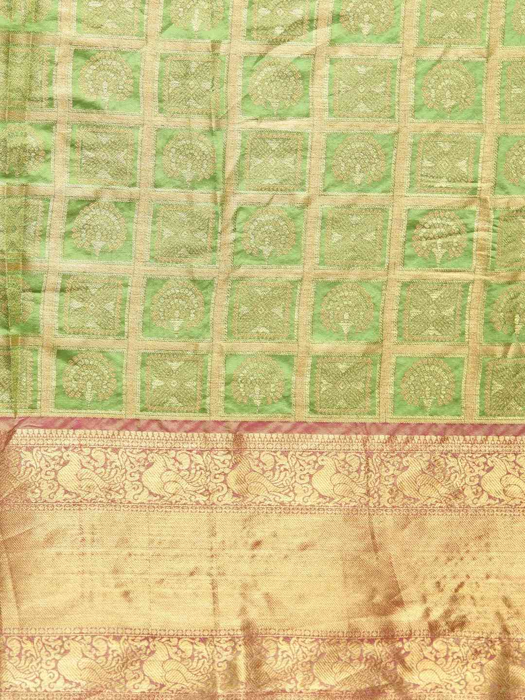 Stylish Kanjivaram Pista Colour Checked Silk Cotton Saree