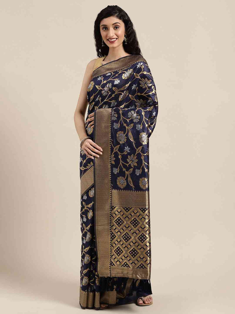 Banarasi Navy Colour Woven Design Saree With Zari Border