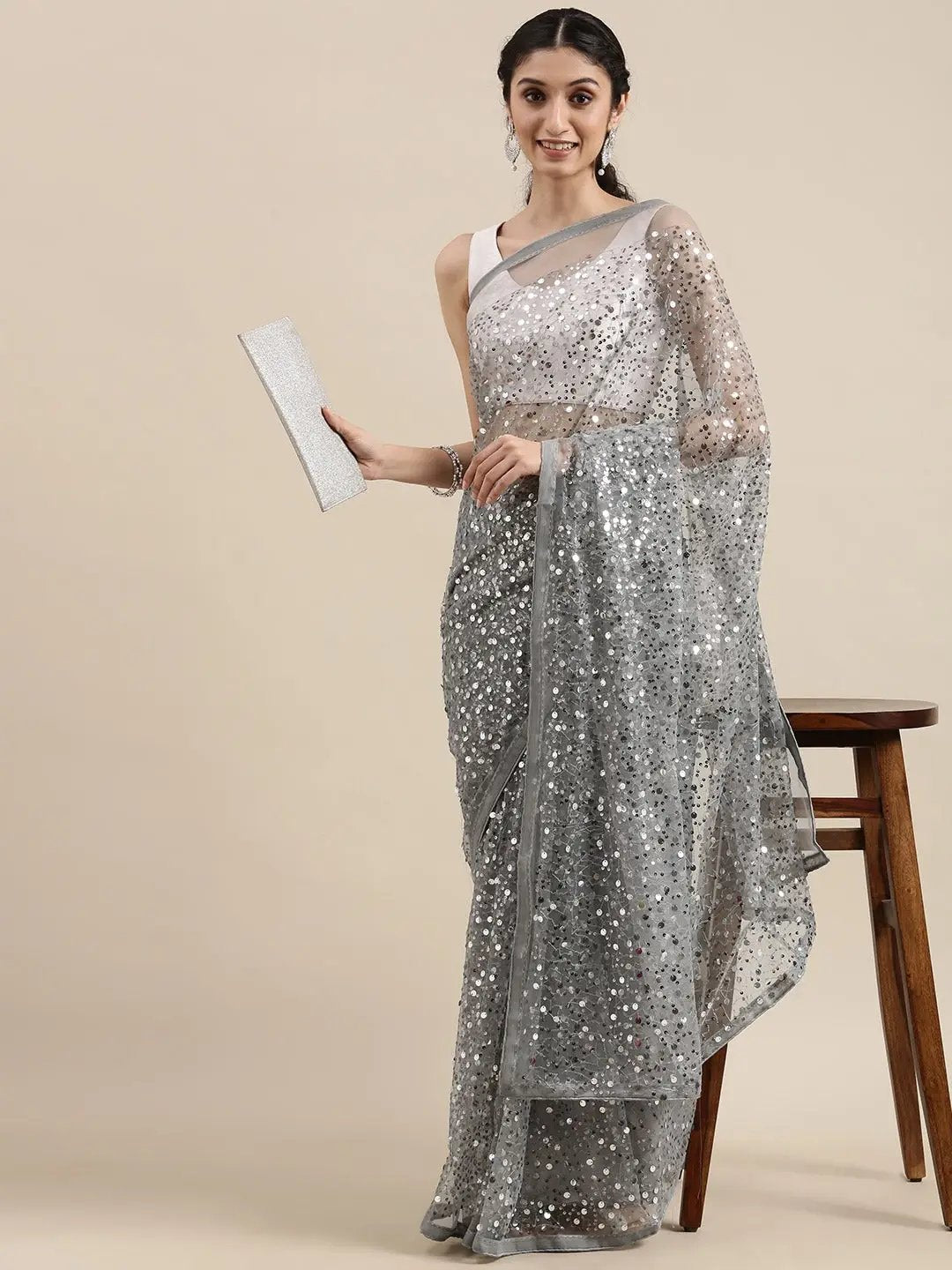 Soft Poly Net Sequence Work Party Wear Saree