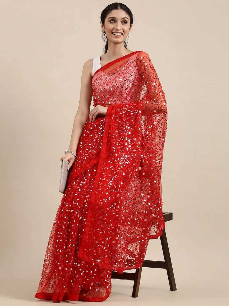 Red Colour Soft Poly Net Sequence Work Party Wear Saree