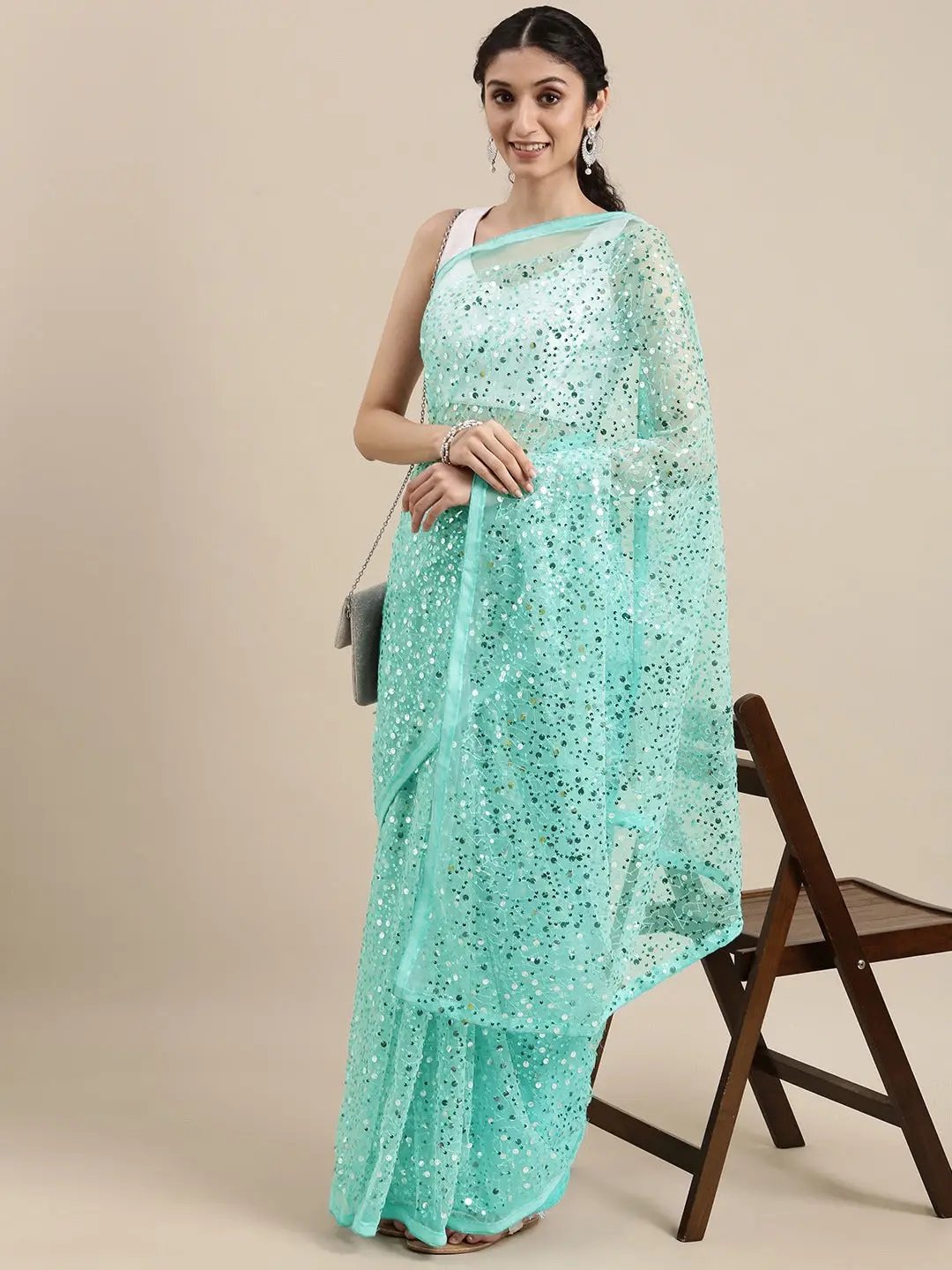 Soft Poly Net Sequence Work Party Wear Saree