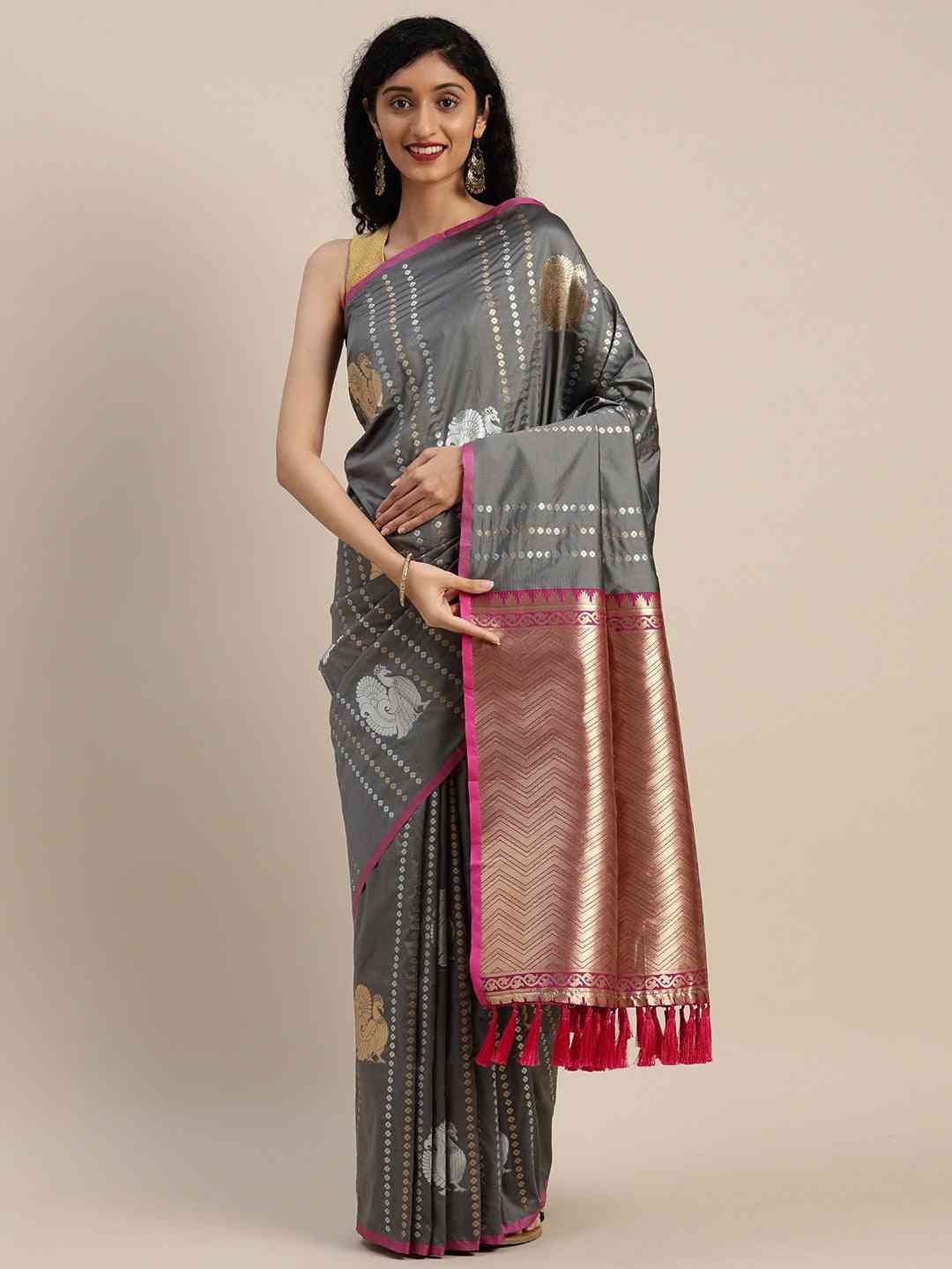 Trendy Banarasi Grey Colour Silk Blend Saree