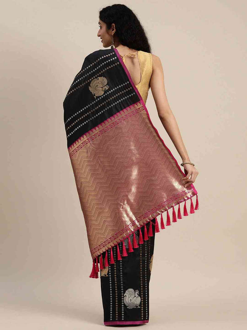 Trendy Banarasi Black Colour Silk Blend Woven Design Saree
