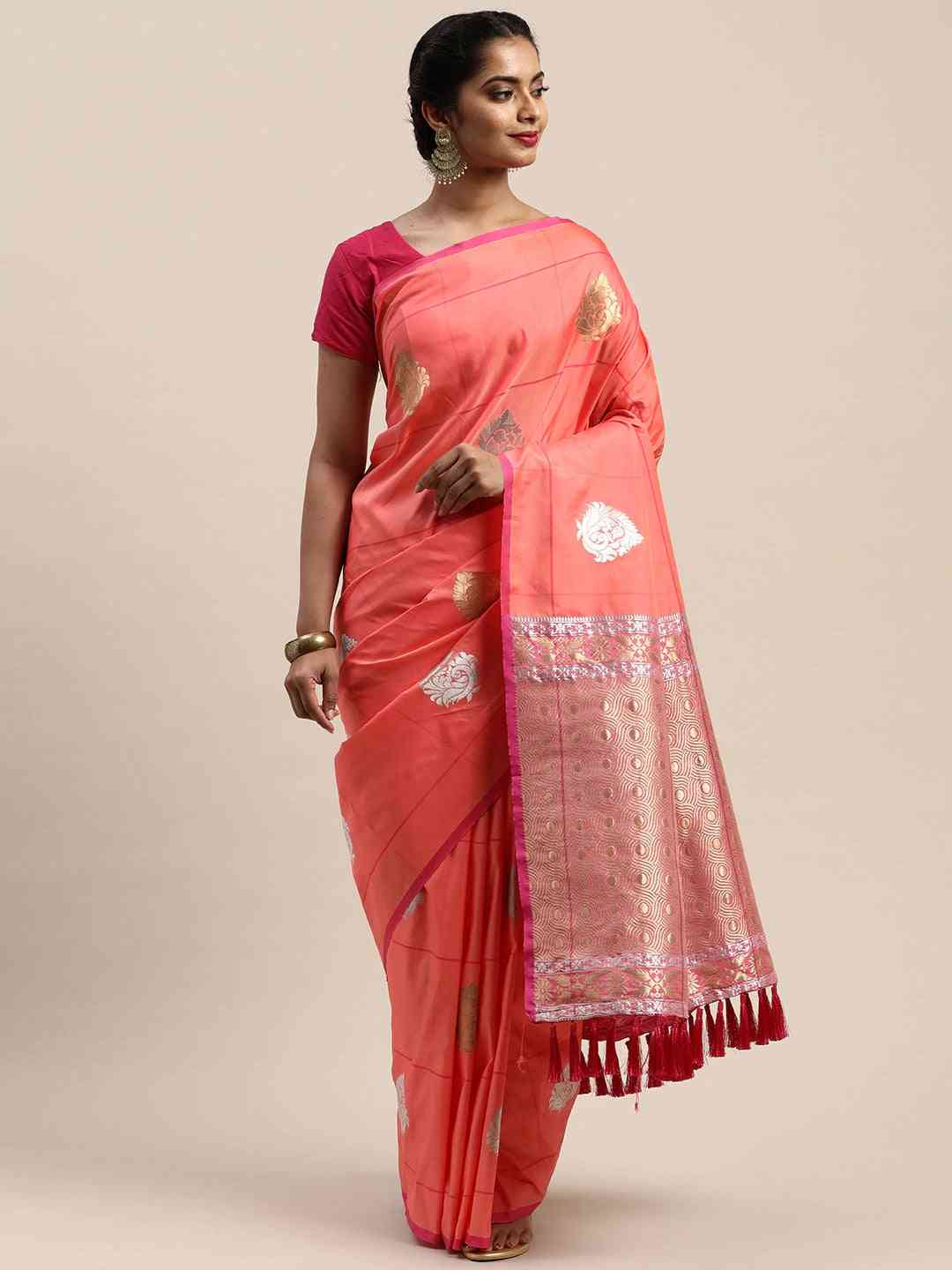 Banarasi Gajari Colour Woven Design With Zari Silk Saree