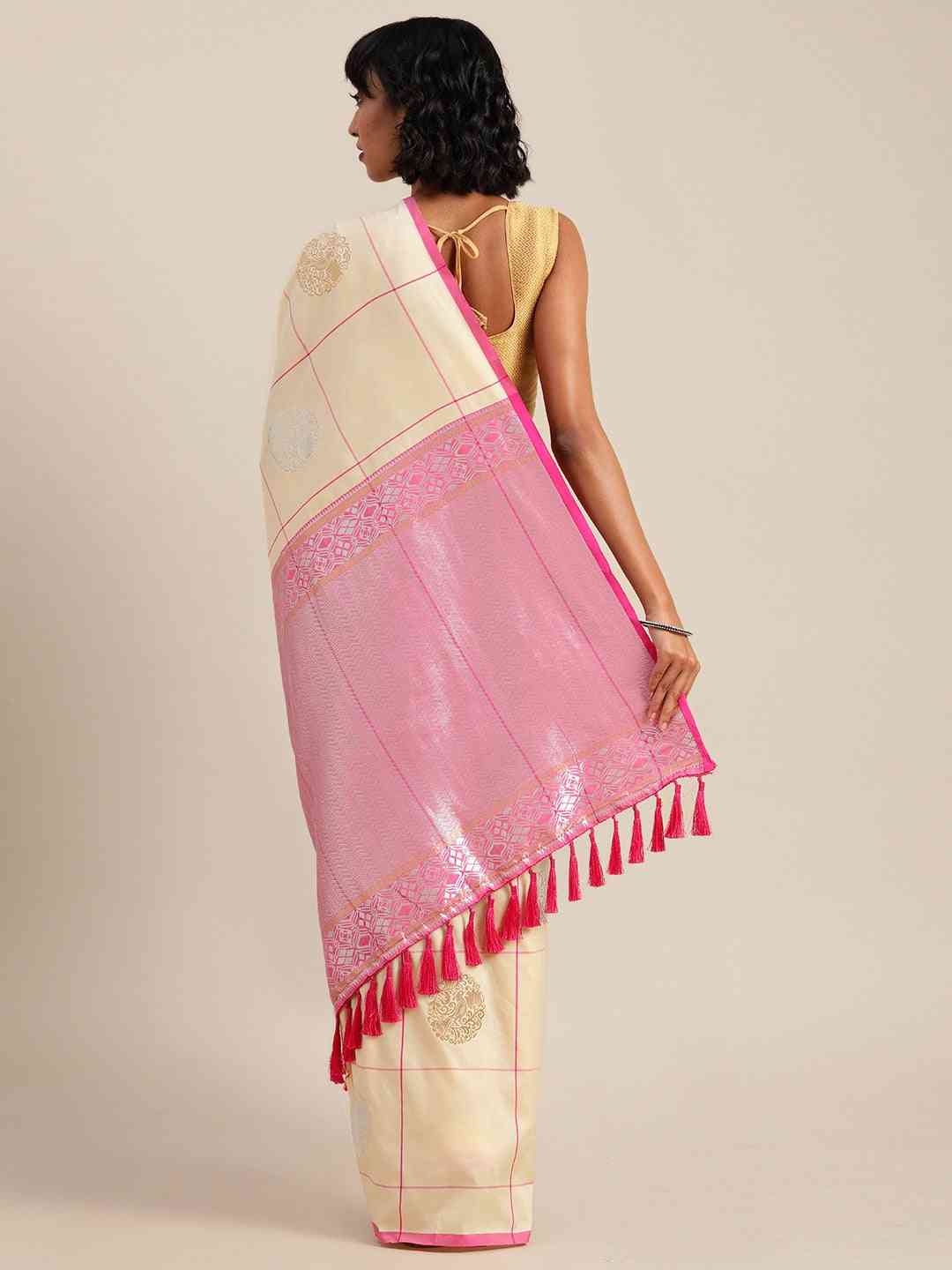 Digital Cream Colour Silk Blend Checked Banarasi Saree