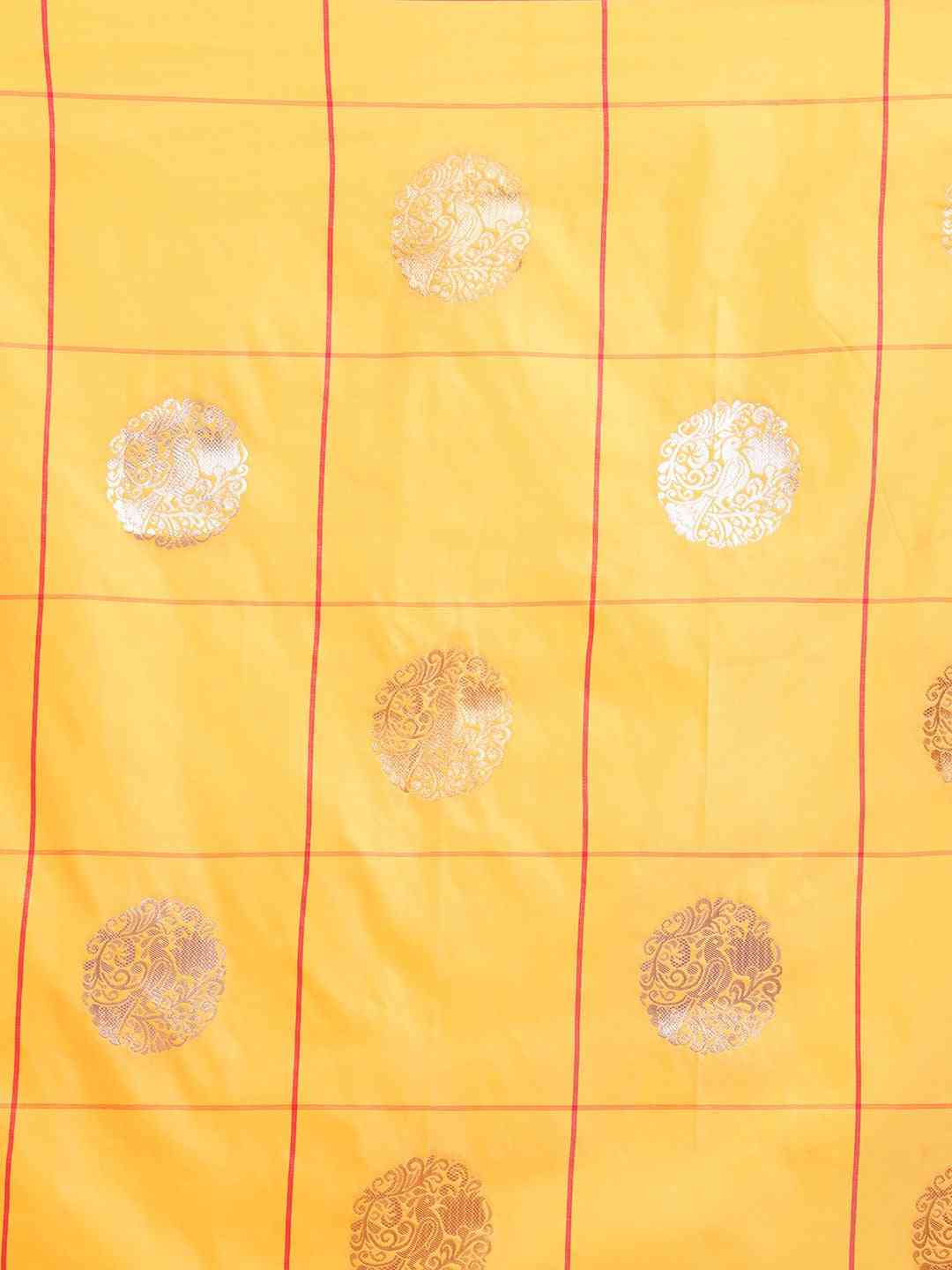 Digital Mustard Colour Silk Blend Checked Banarasi Saree