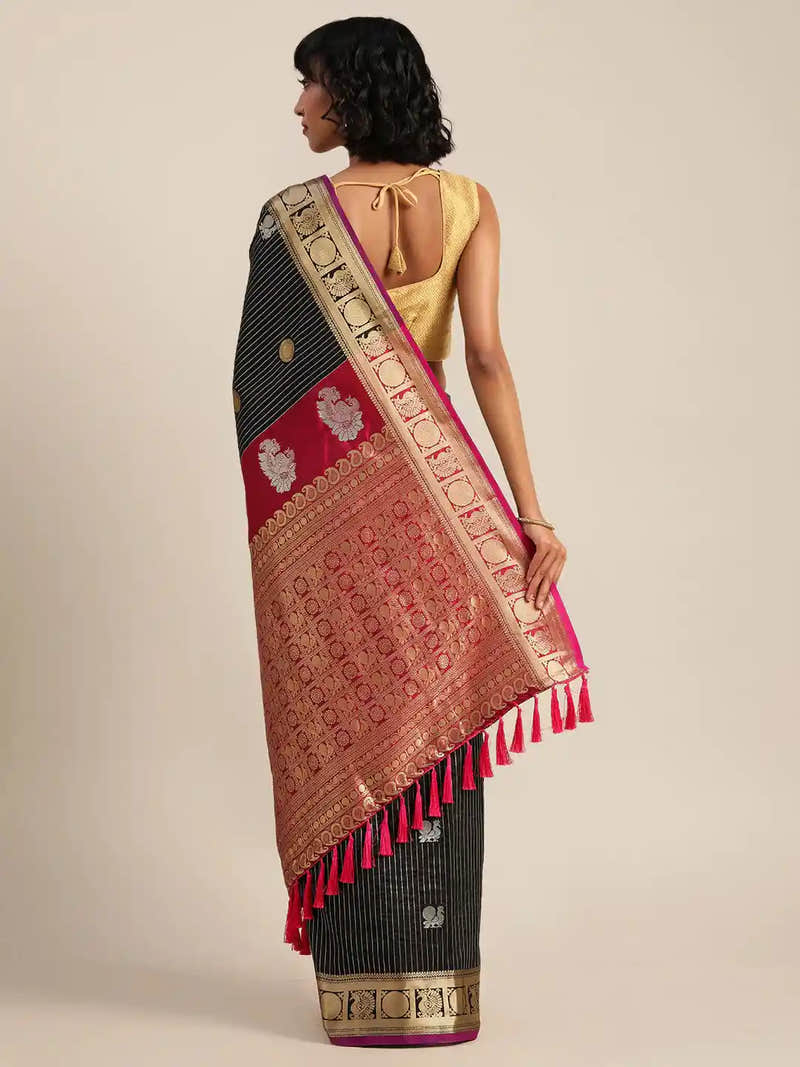 Black Silk Blend Zari Woven Saree with Pink Peacock Pallu