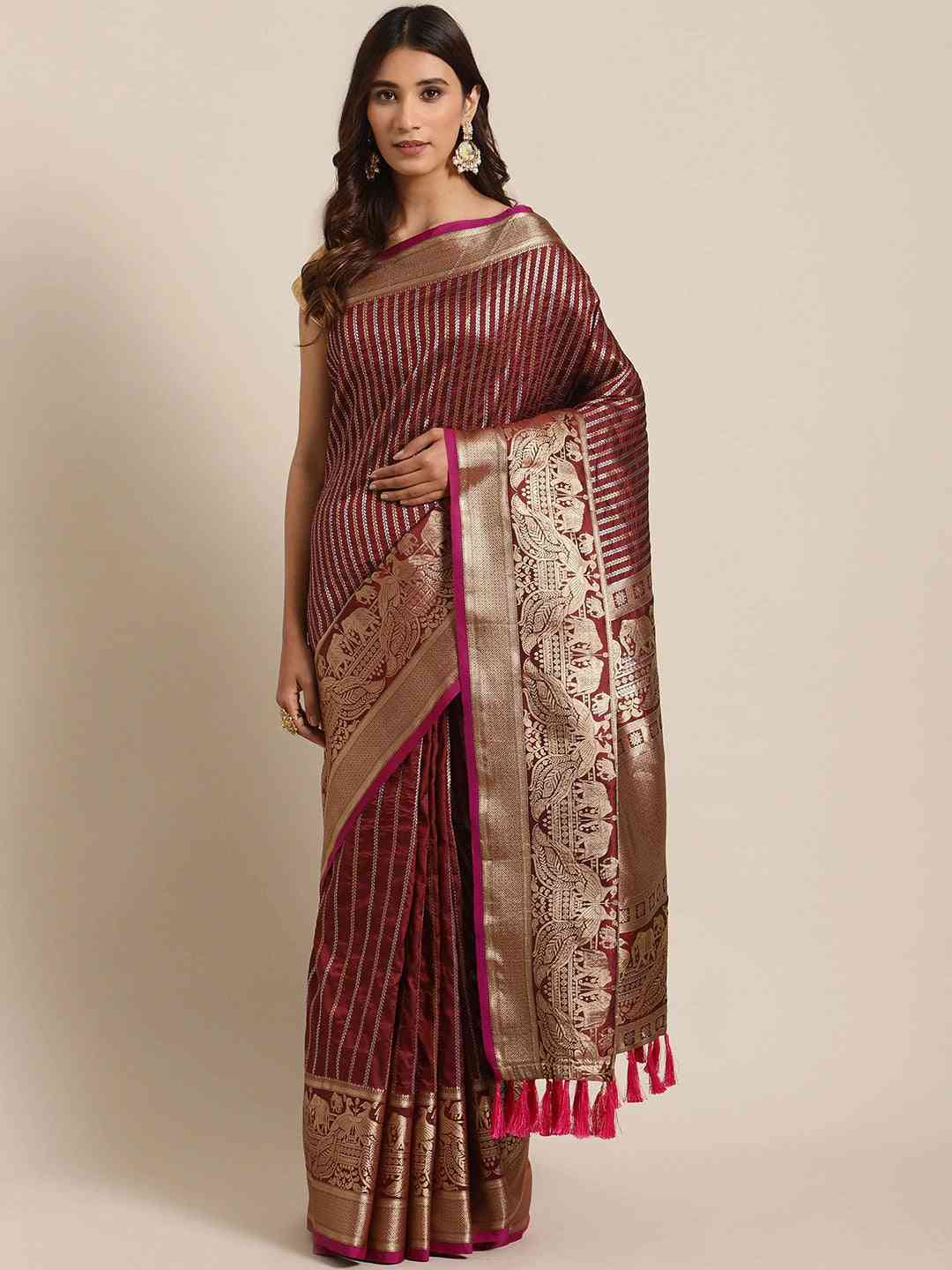 Banarasi Striped Maroon Silk Blend Saree
