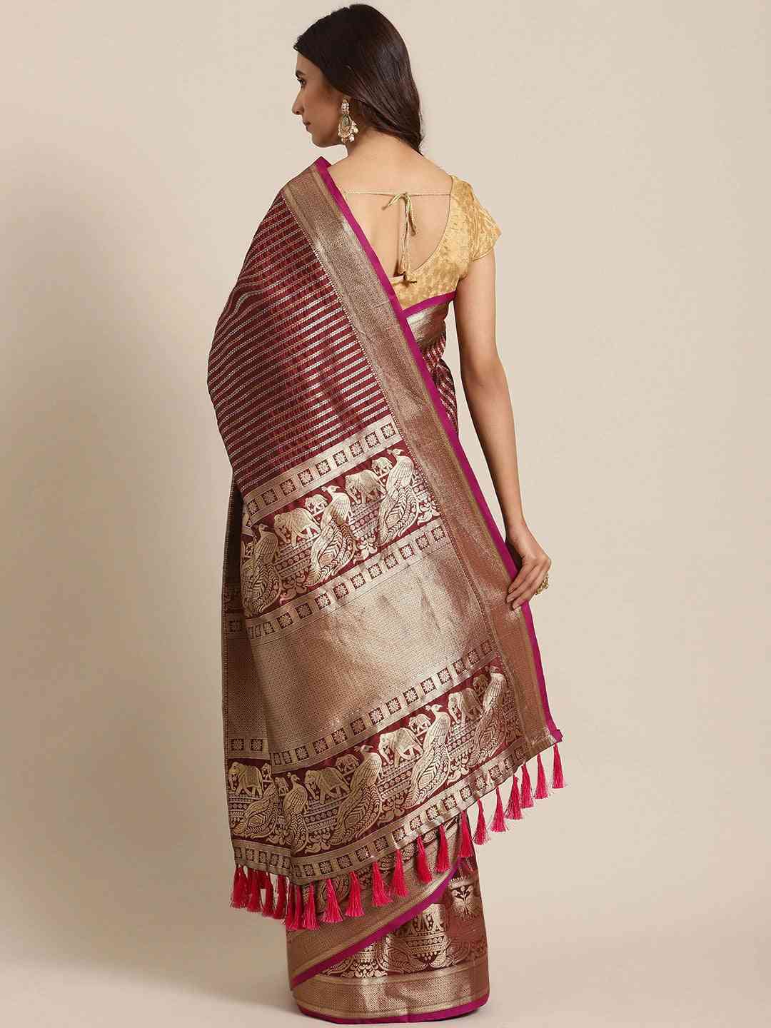 Banarasi Striped Maroon Silk Blend Saree