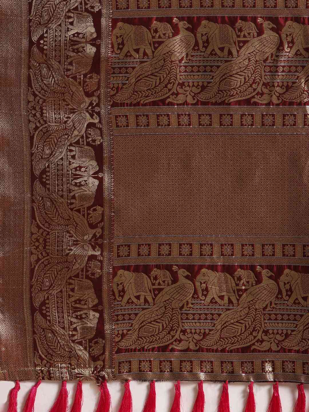 Banarasi Striped Maroon Silk Blend Saree