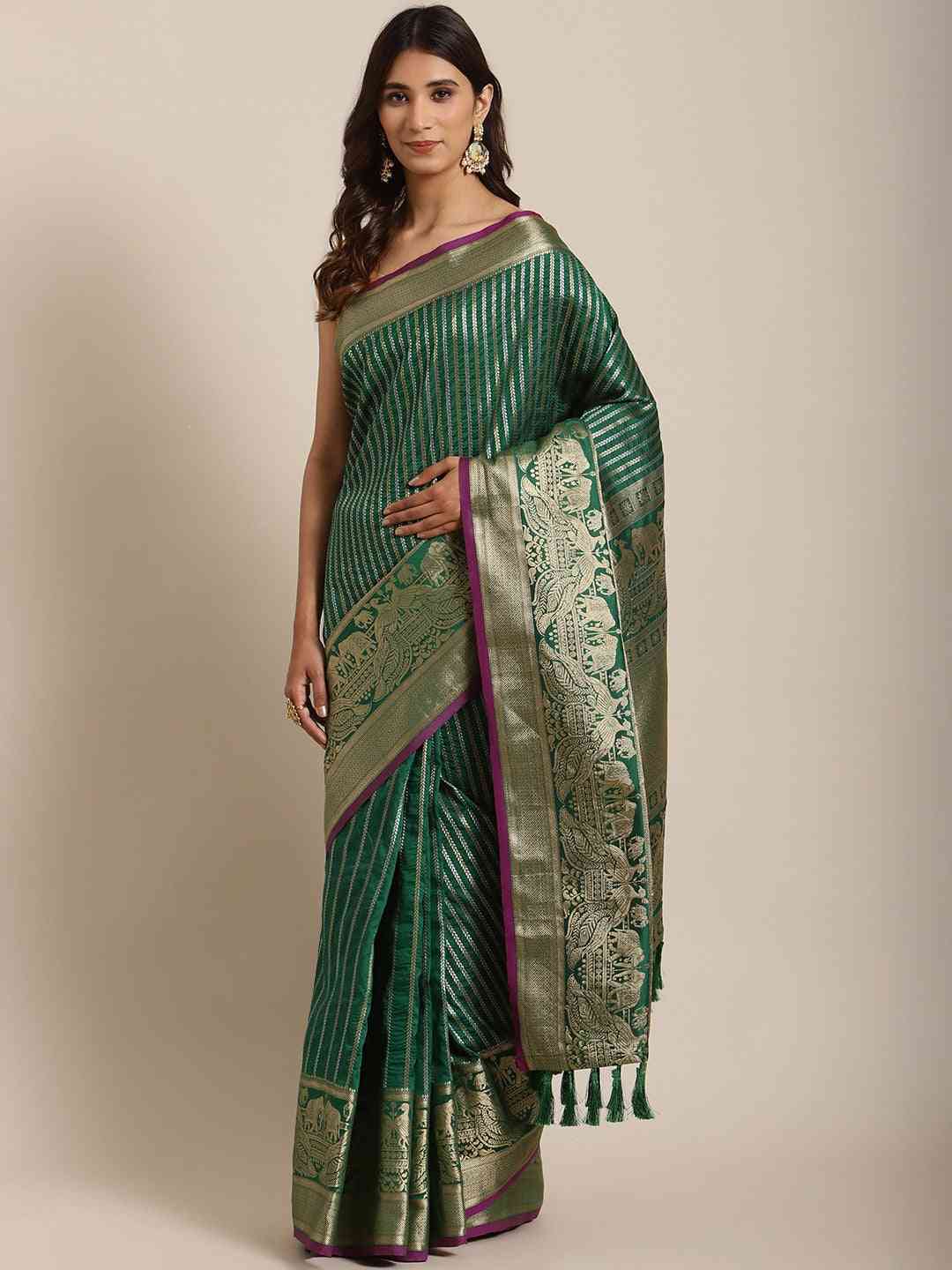 Latest Banarasi Striped Bottle Green Colour Silk Blend Saree