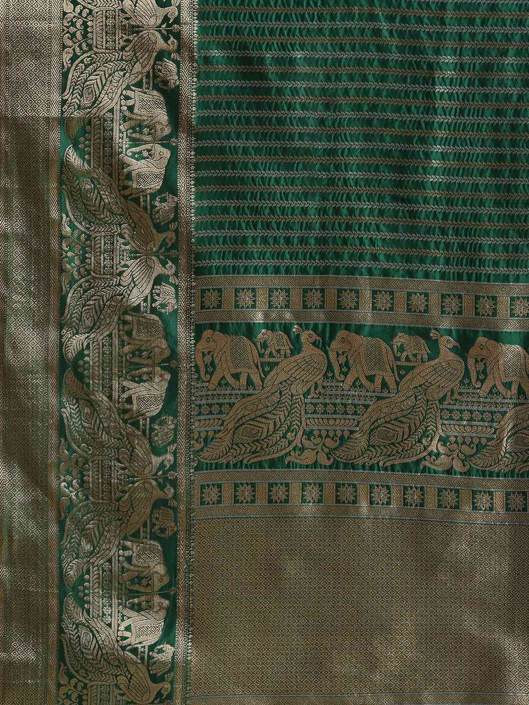 Latest Banarasi Striped Bottle Green Colour Silk Blend Saree