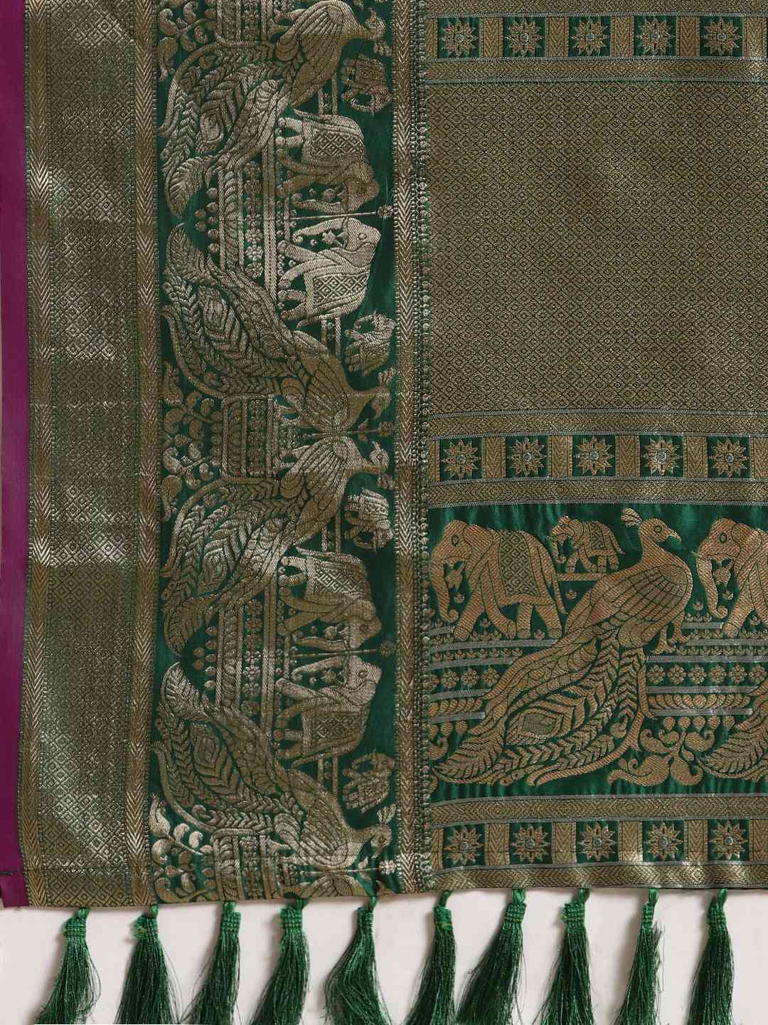 Latest Banarasi Striped Bottle Green Colour Silk Blend Saree