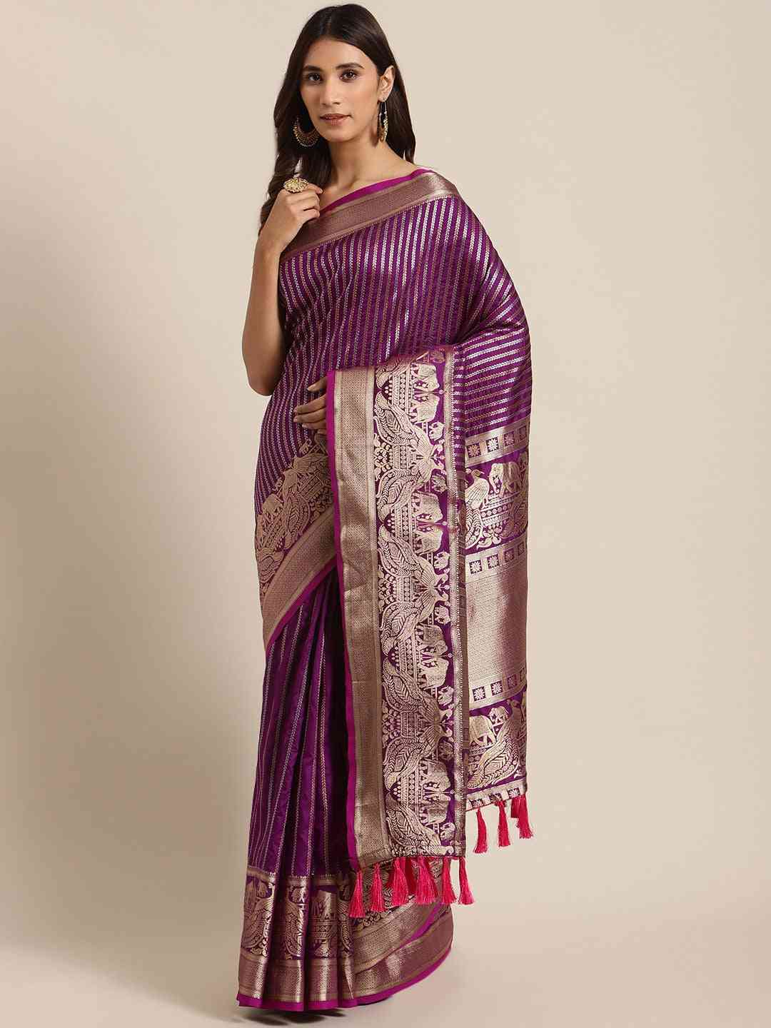 Banarasi Striped Wine Silk Blend Saree