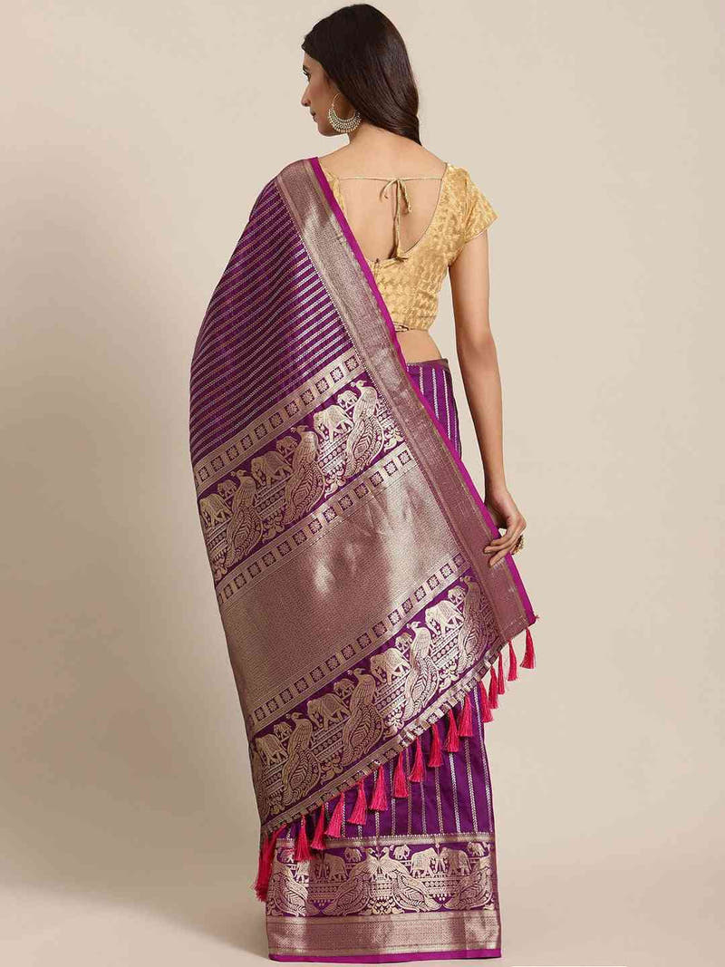 Banarasi Striped Wine Silk Blend Saree