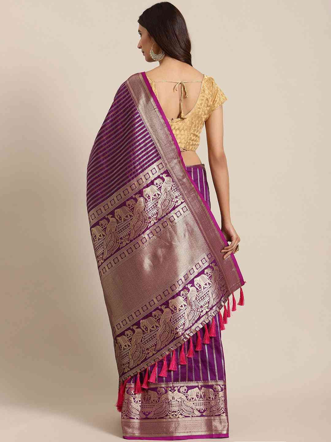 Banarasi Striped Wine Silk Blend Saree