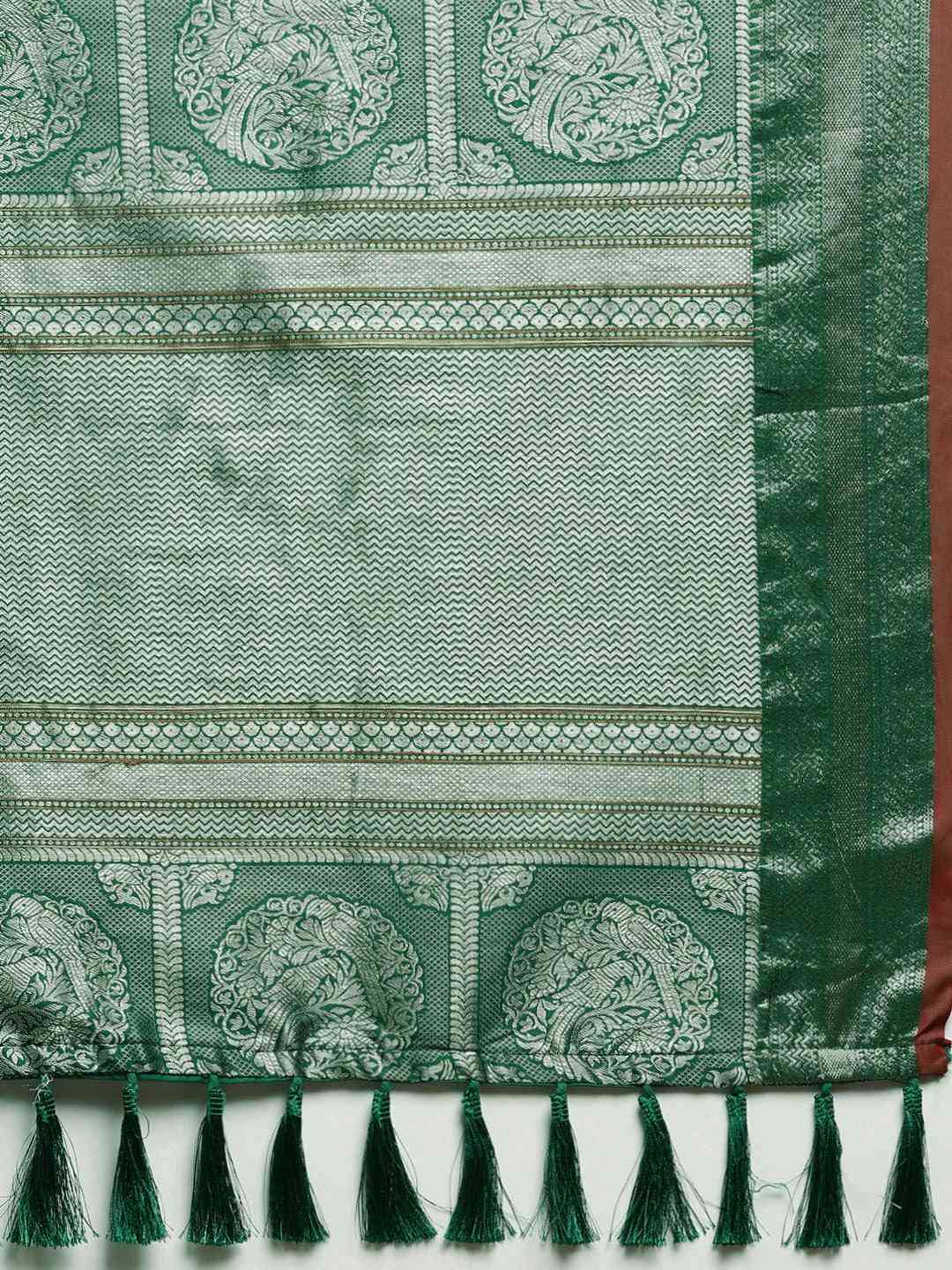 Banarasi Striped Silk Blend Saree in Dark Green